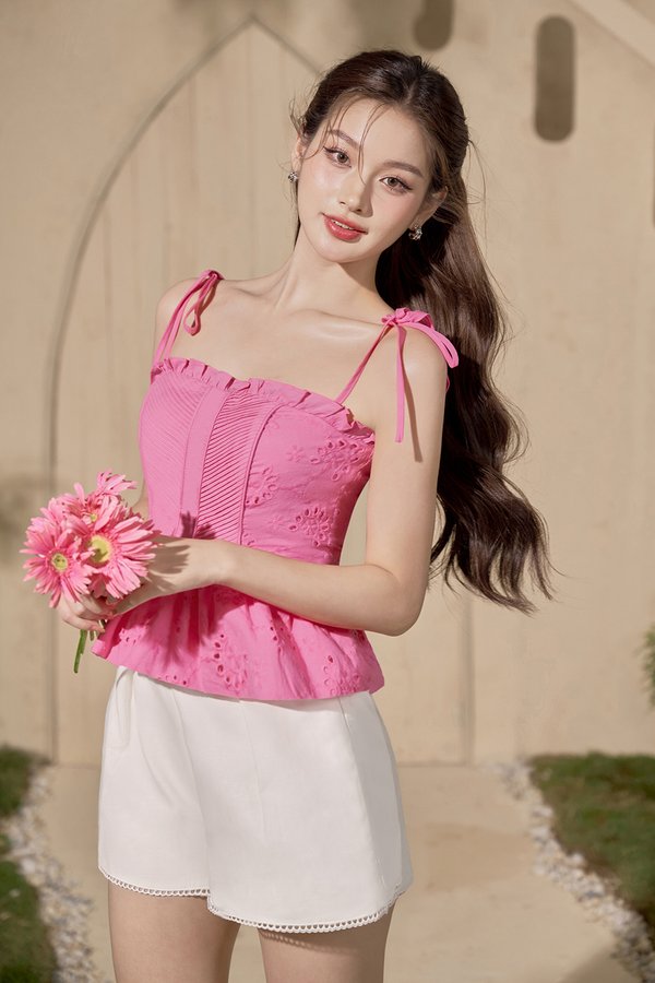 Cassia Ribbon Frill Broderie Anglaise Peplum Top in Hot Pink
