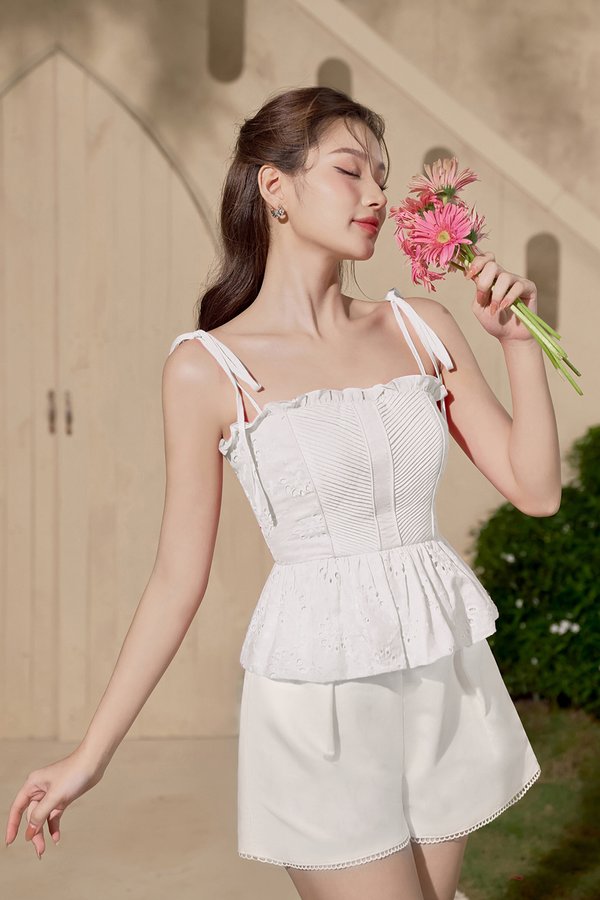 Cassia Ribbon Frill Broderie Anglaise Peplum Top in Iconic White