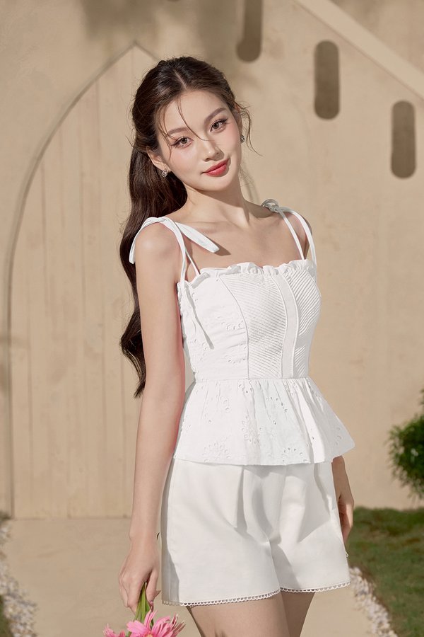 Cassia Ribbon Frill Broderie Anglaise Peplum Top in Iconic White