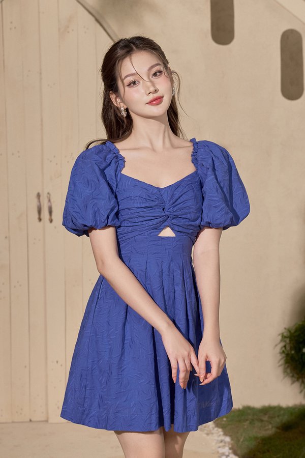 Sundance Puffy Sleeves A-Line Broderie Anglaise Mini Dress in Sapphire Blue