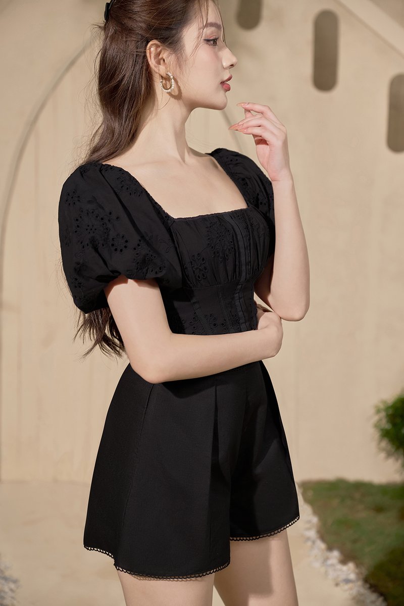 Bardou Puff Sleeves Hook & Eye Broderie Anglaise Top in Classic Black ...