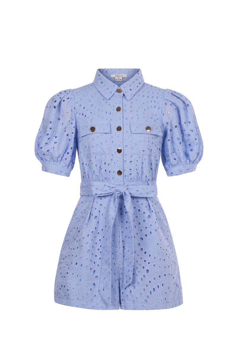 Aspen Puff Sleeves Broderie Anglaise Romper in Periwinkle Blue | Chello