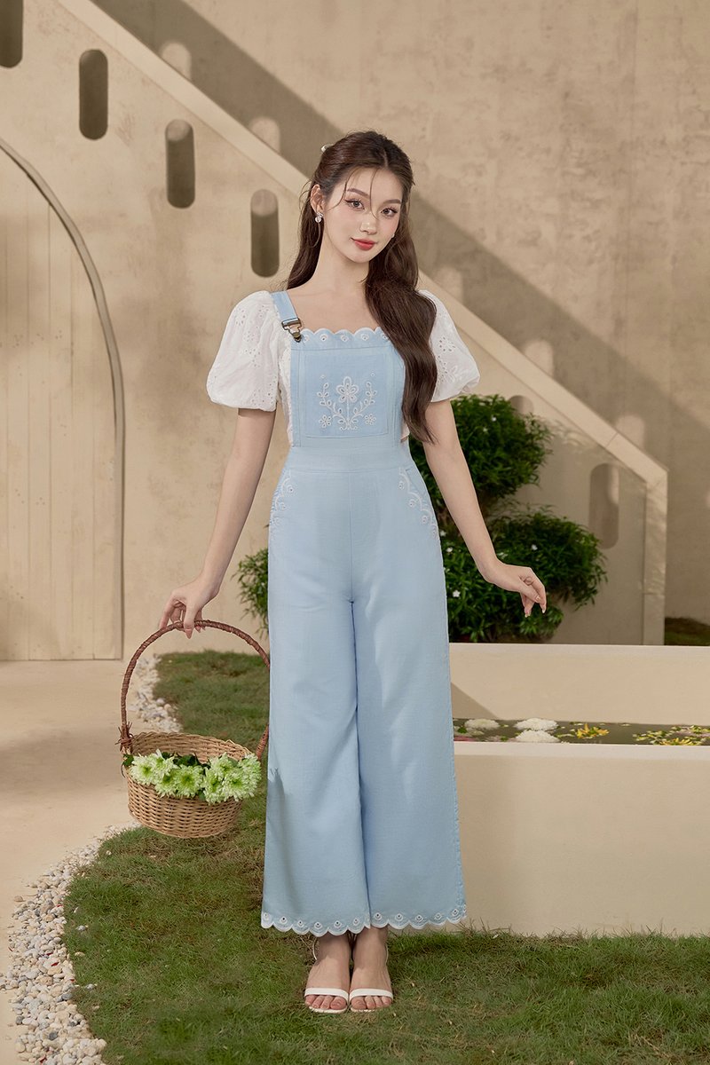 Lucerne Linen Embroidered Dungarees in Baby Blue