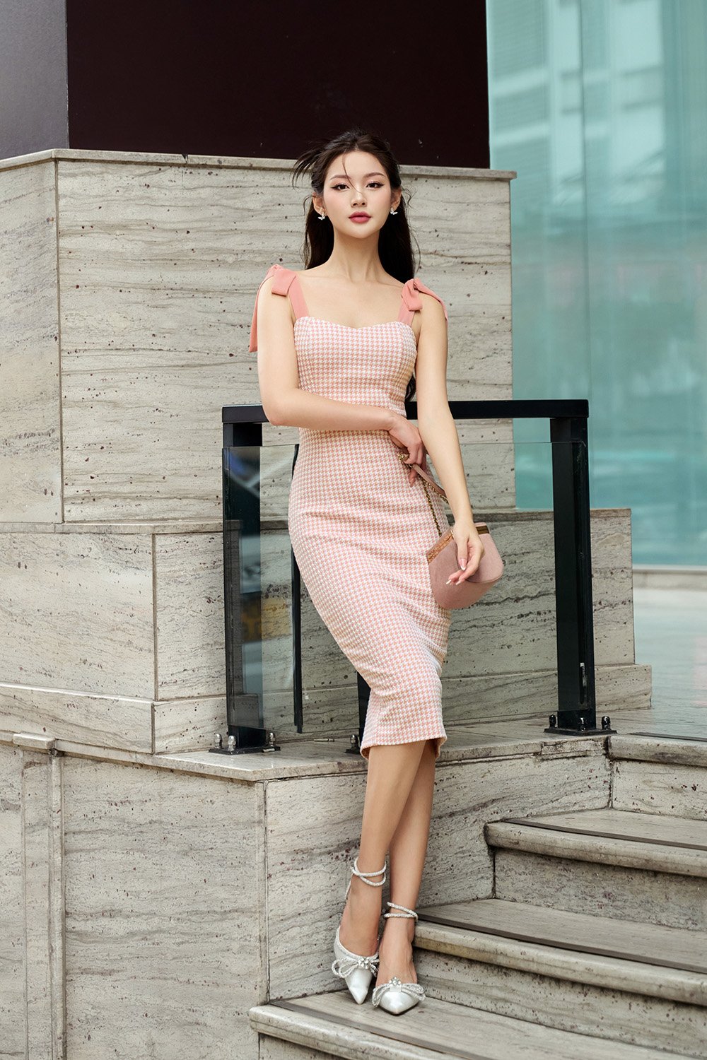 Abilene Houndstooth Pencil Dress with Ribbon Straps in Rose Pink Houndstooth