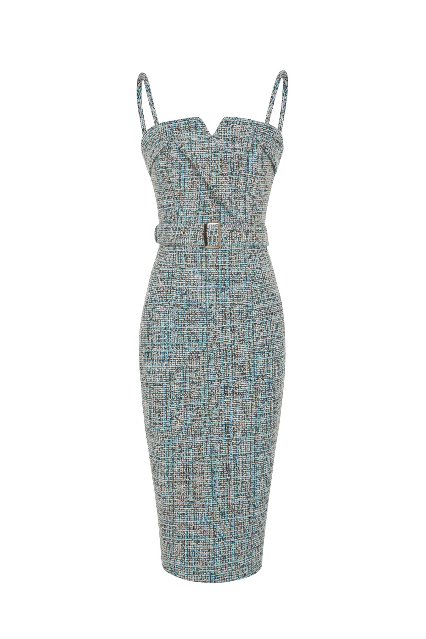 Ariella Tailored Tweed Pencil Dress in Blue Multicolor