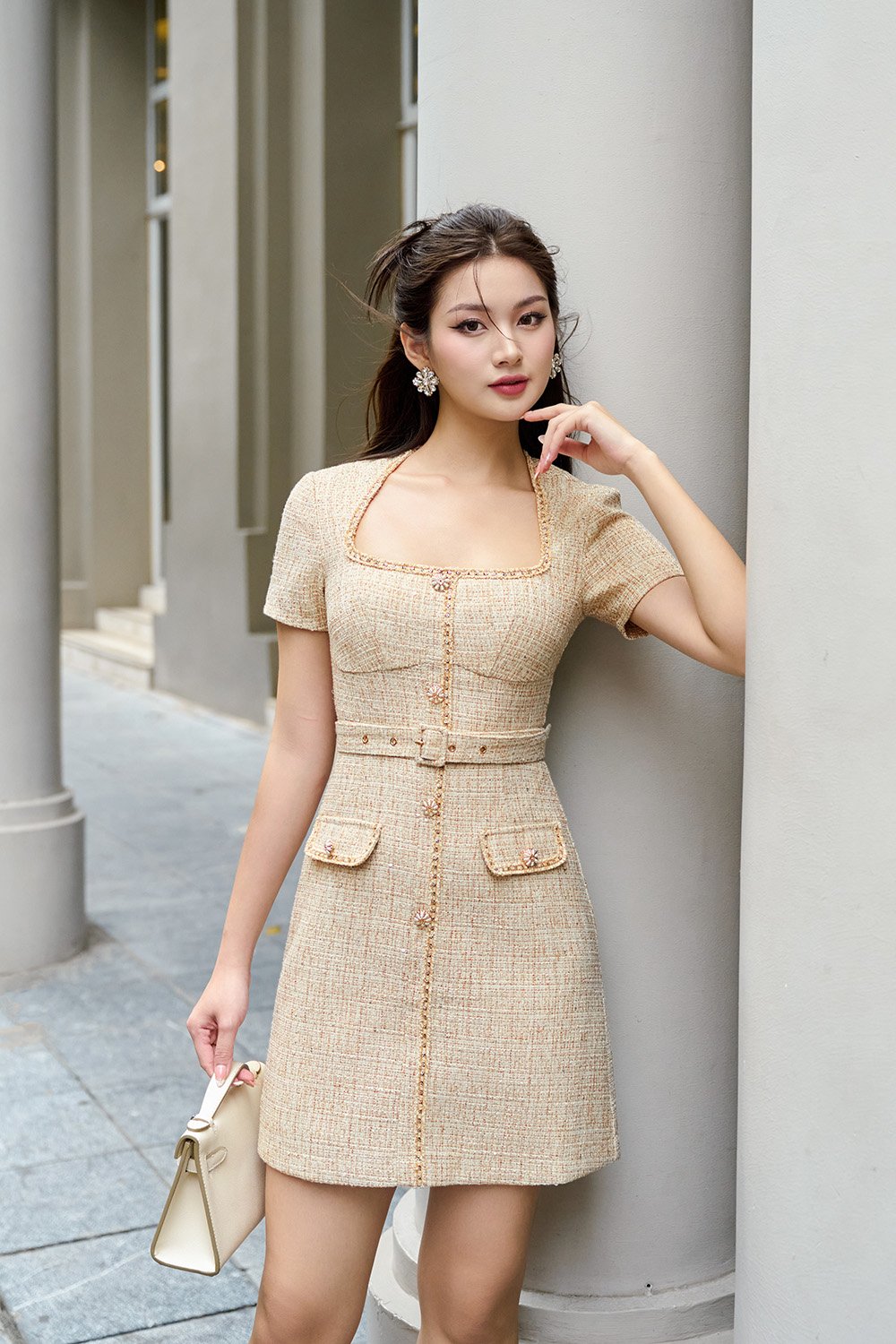 Aurora Belted Tweed Mini Dress in Sand Gold
