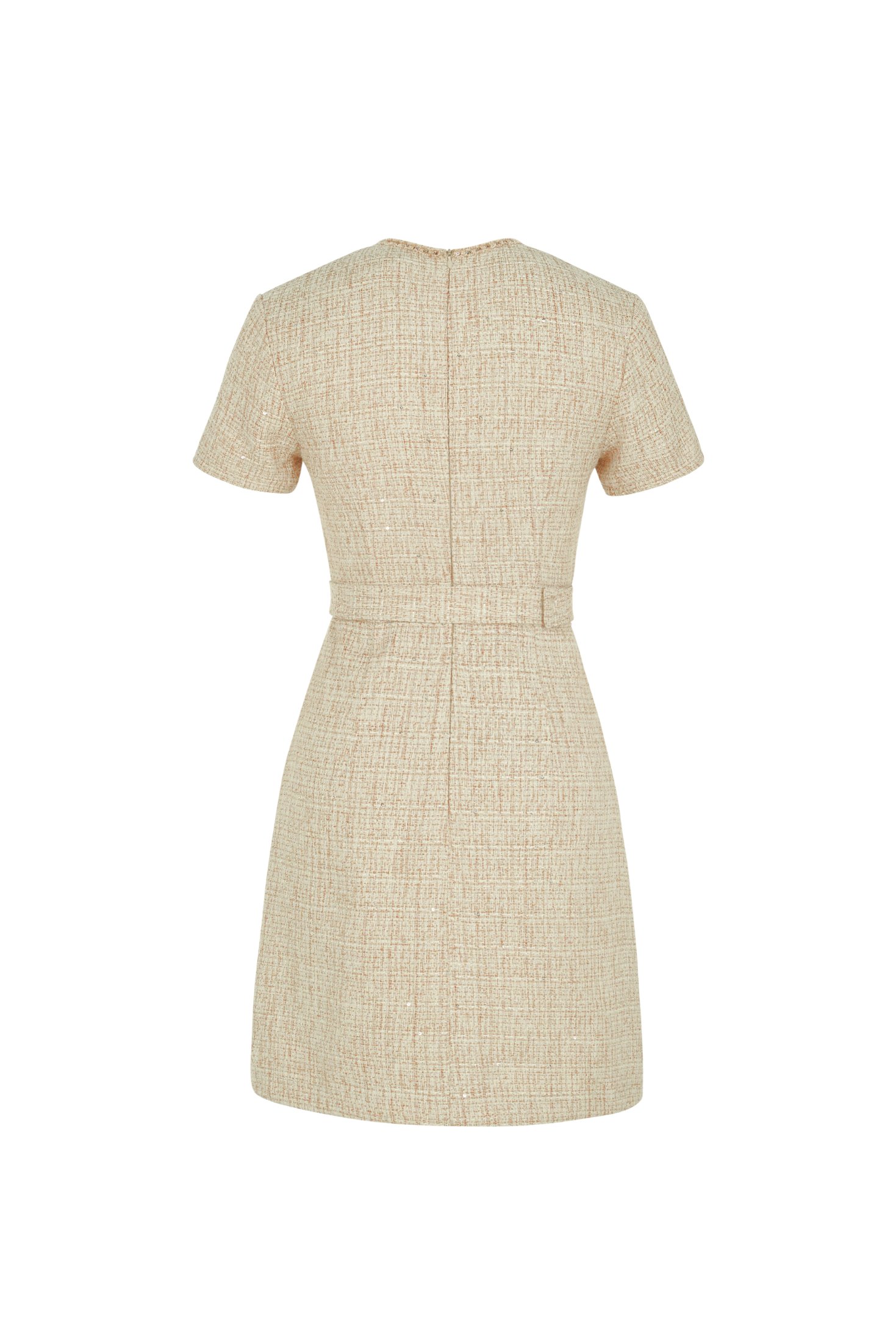Aurora Belted Tweed Mini Dress in Sand Gold