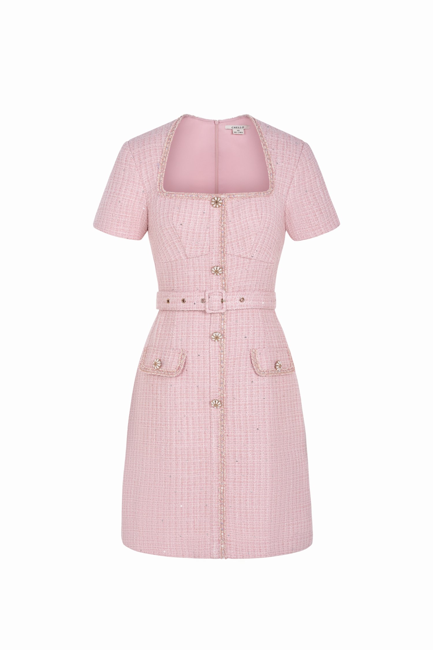 Aurora Belted Tweed Mini Dress in Soft Pink