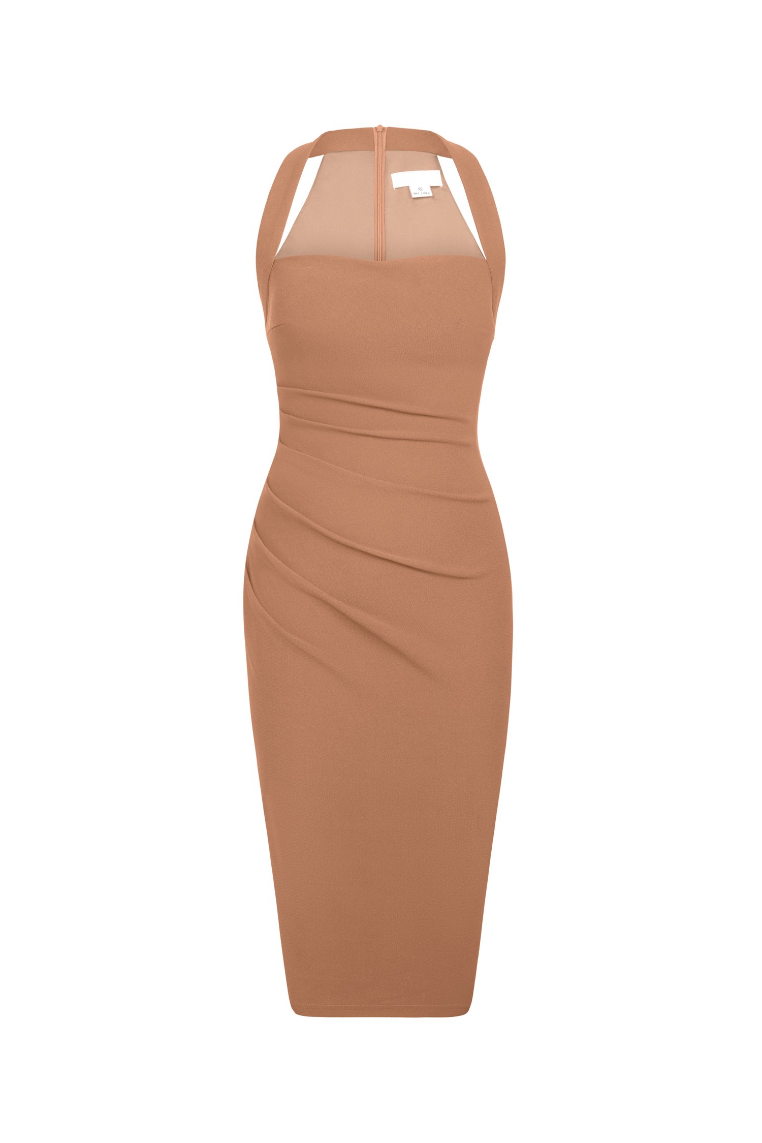 Baelin Padded Halter Ruched Midi Dress in Latte