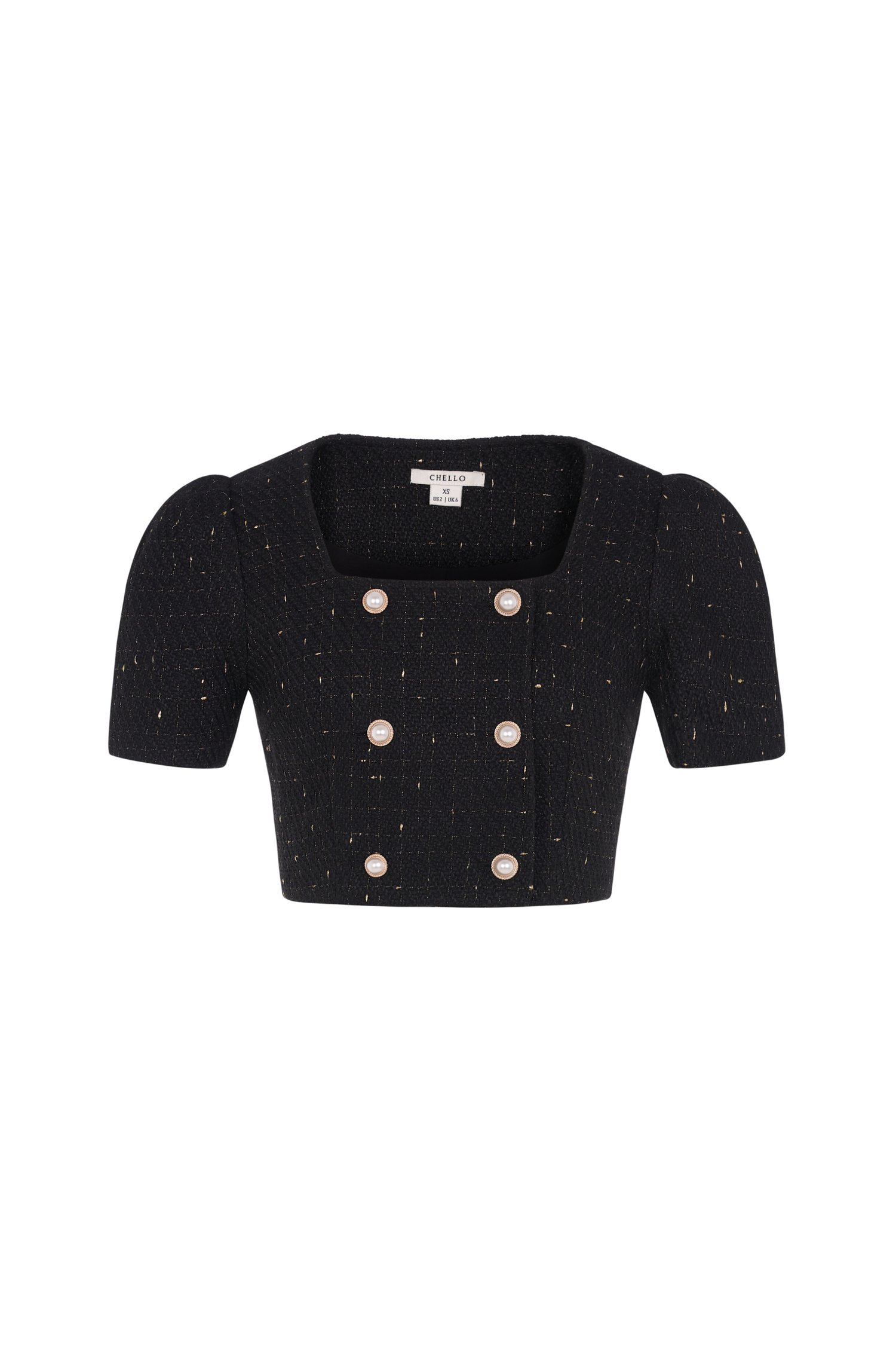Blaire Double Breasted Tweed Cropped Top in Black Gold