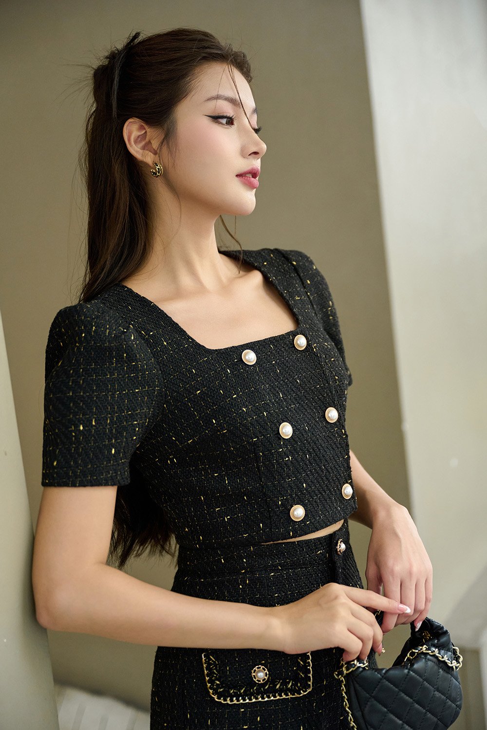 Blaire Double Breasted Tweed Cropped Top in Black Gold