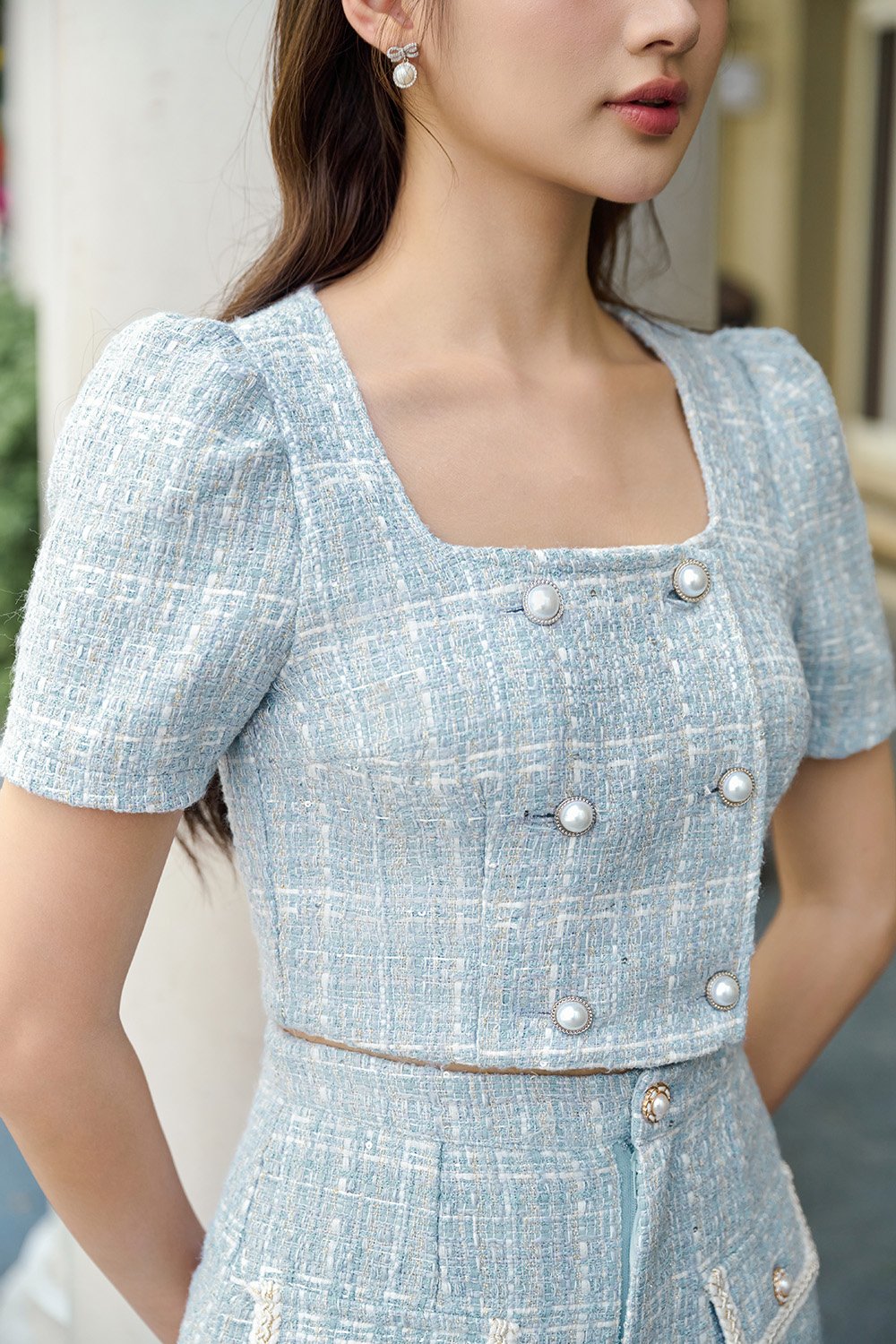 Blaire Double Breasted Tweed Cropped Top in Sky Blue