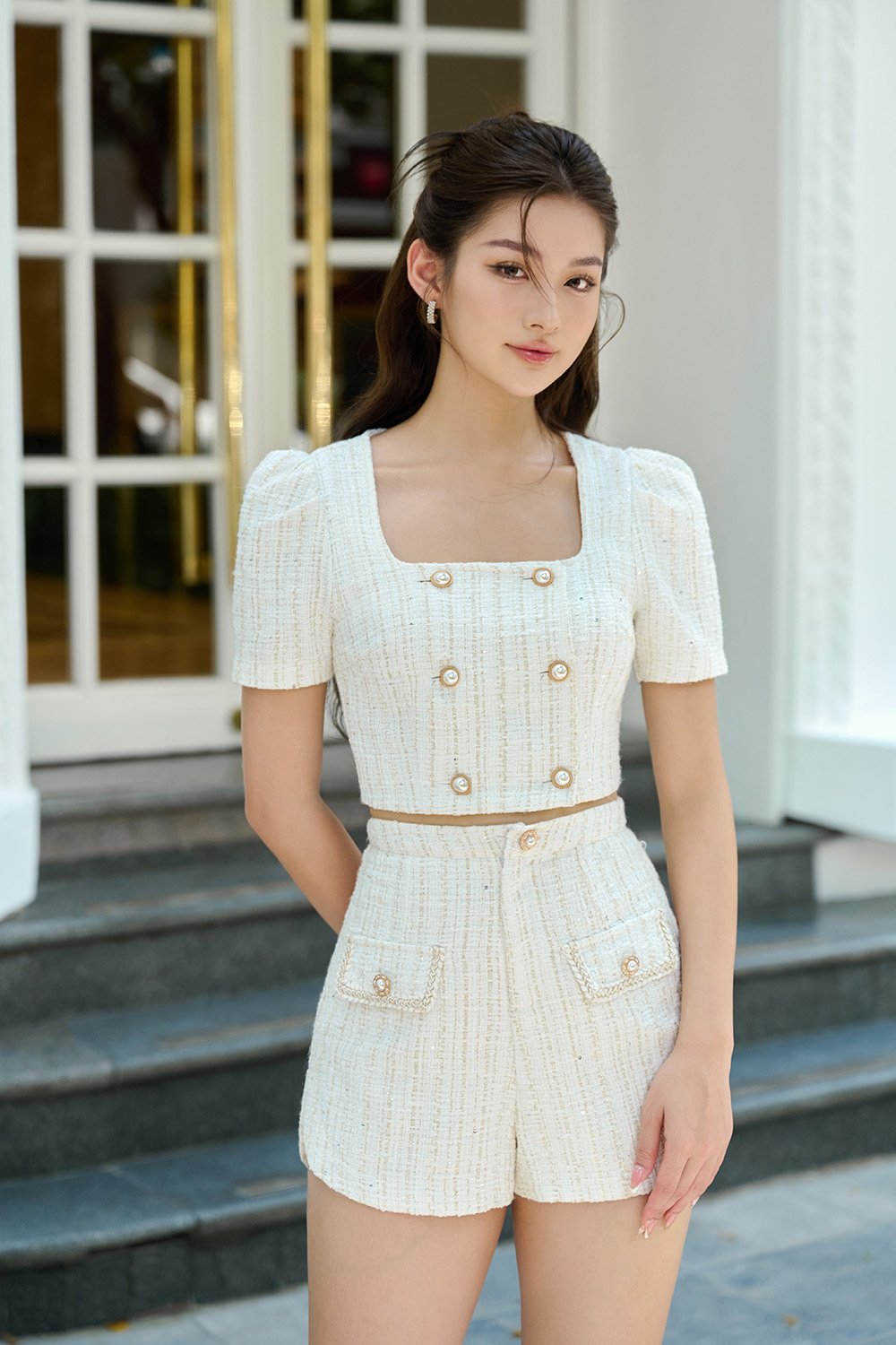 Blaire Double Breasted Tweed Cropped Top in White Gold