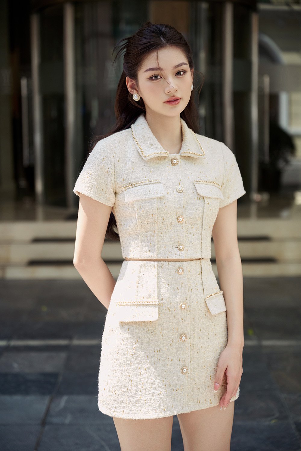 Pearlyn Collared Tweed Cropped Top in Cream Gold