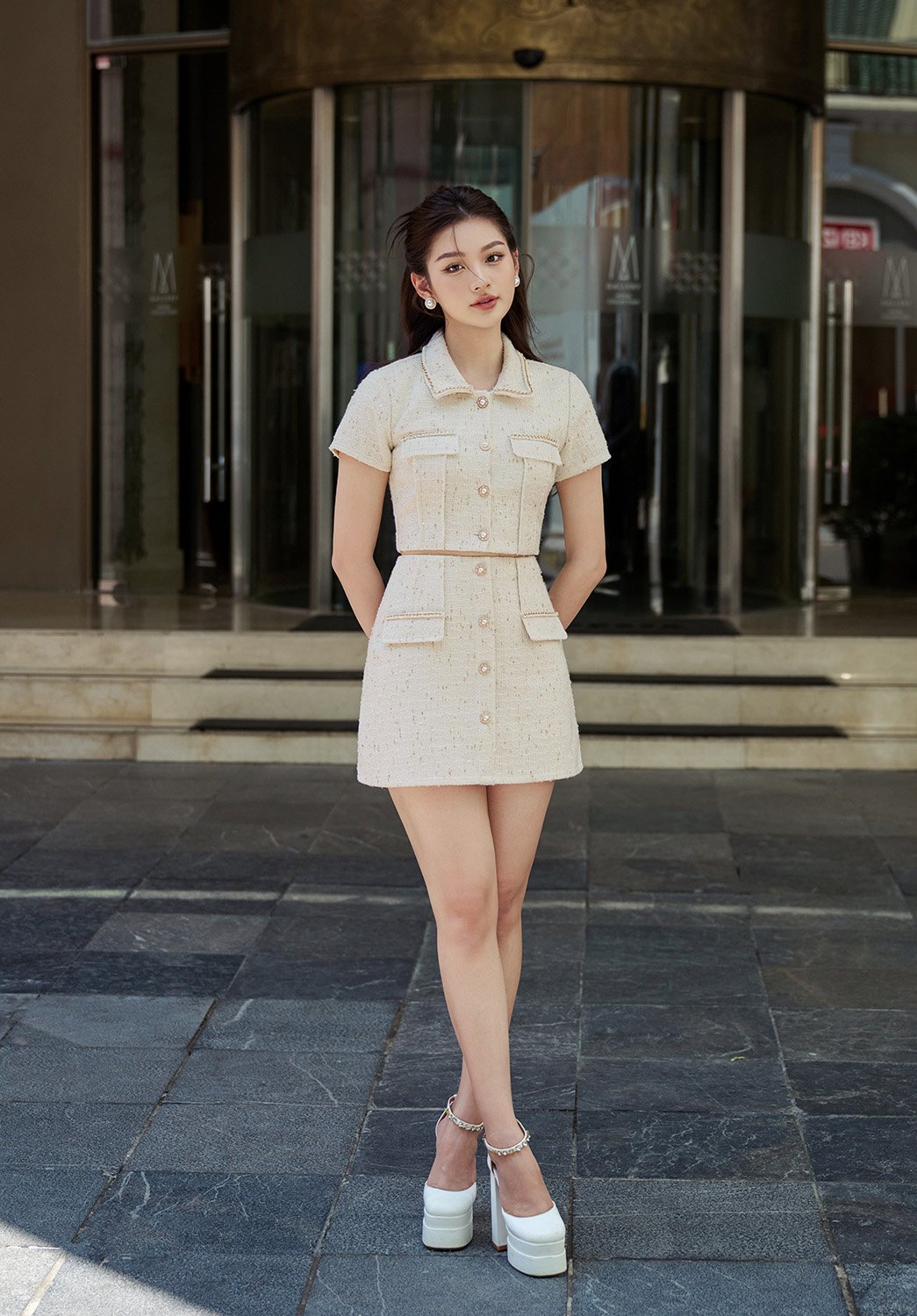 Celestia Tweed Mini Skirt in Cream Gold