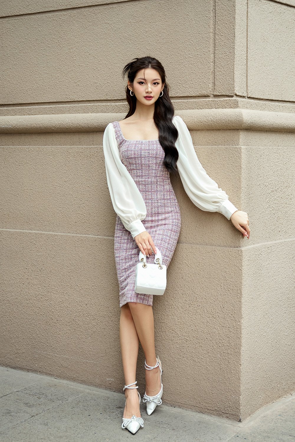 Dawn Chiffon Sleeves Tweed Pencil Dress in Multi Color Berry with Cream