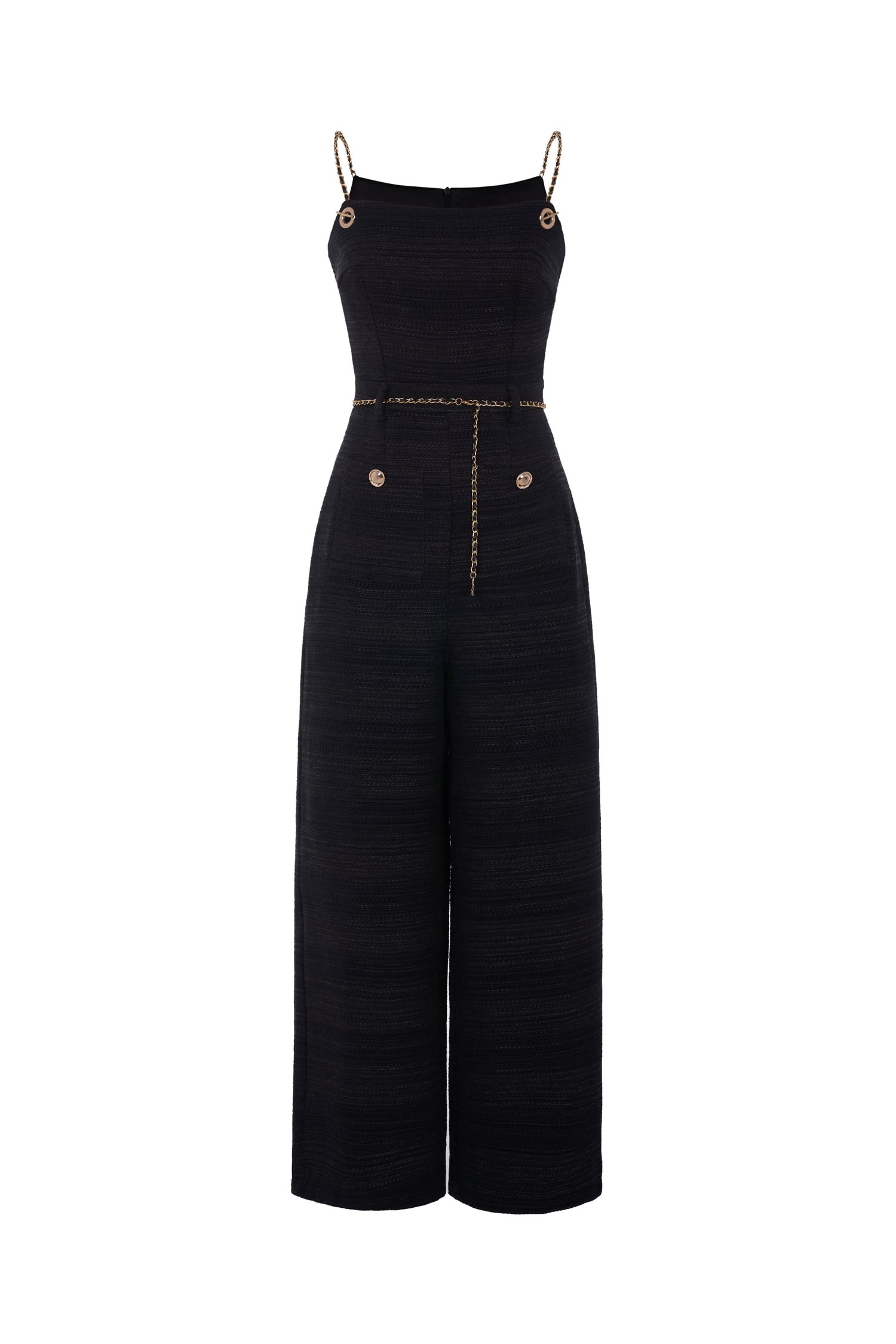 Elowyn Tweed Jumpsuit with Chain Belt in Classic Black Tweed