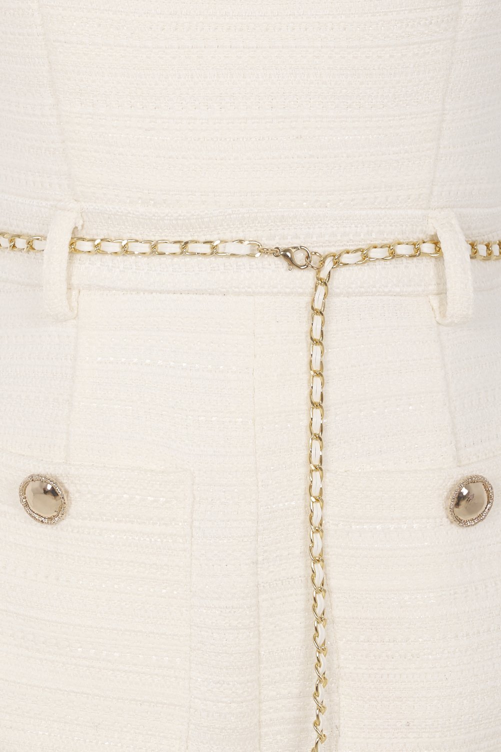 Elowyn Tweed Jumpsuit with Chain Belt in Ivory Cream Tweed