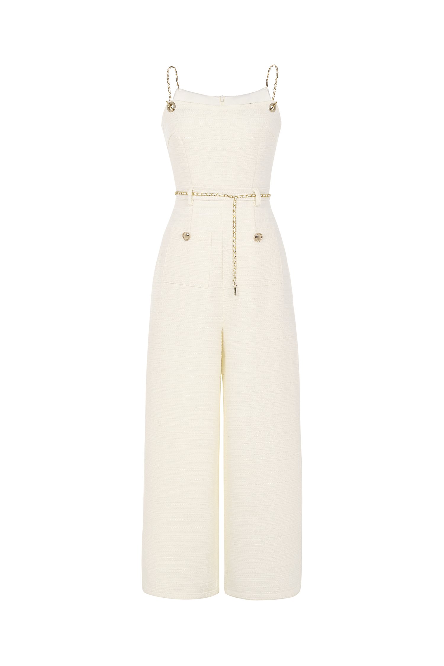 Elowyn Tweed Jumpsuit with Chain Belt in Ivory Cream Tweed