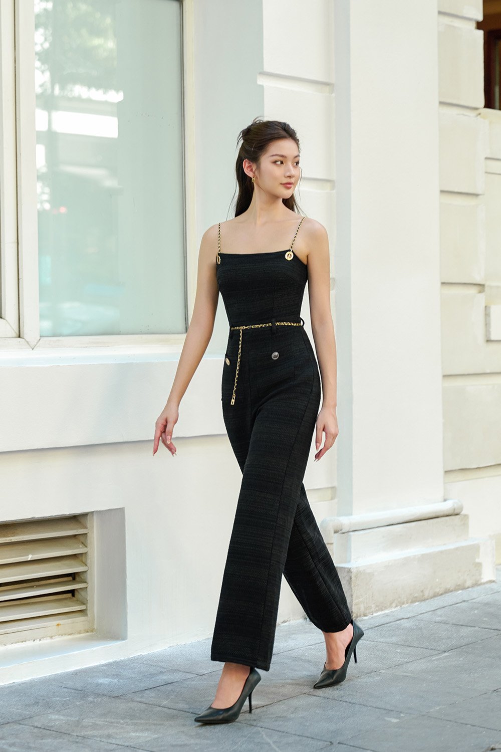 Elowyn Tweed Jumpsuit with Chain Belt in Classic Black Tweed