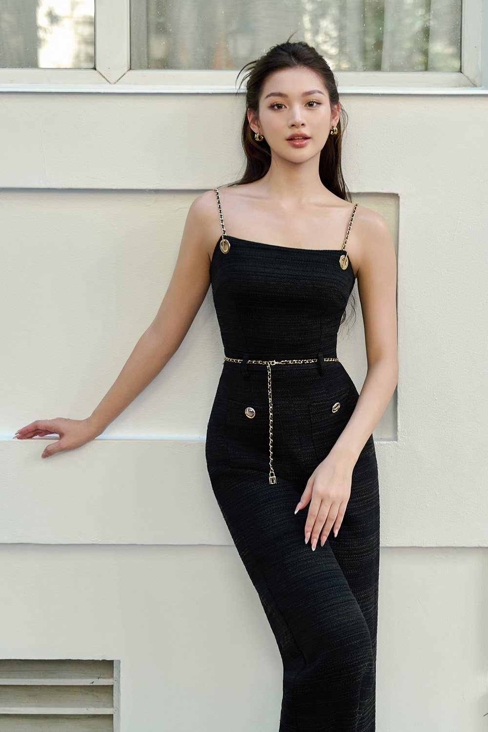 Elowyn Tweed Jumpsuit with Chain Belt in Classic Black Tweed