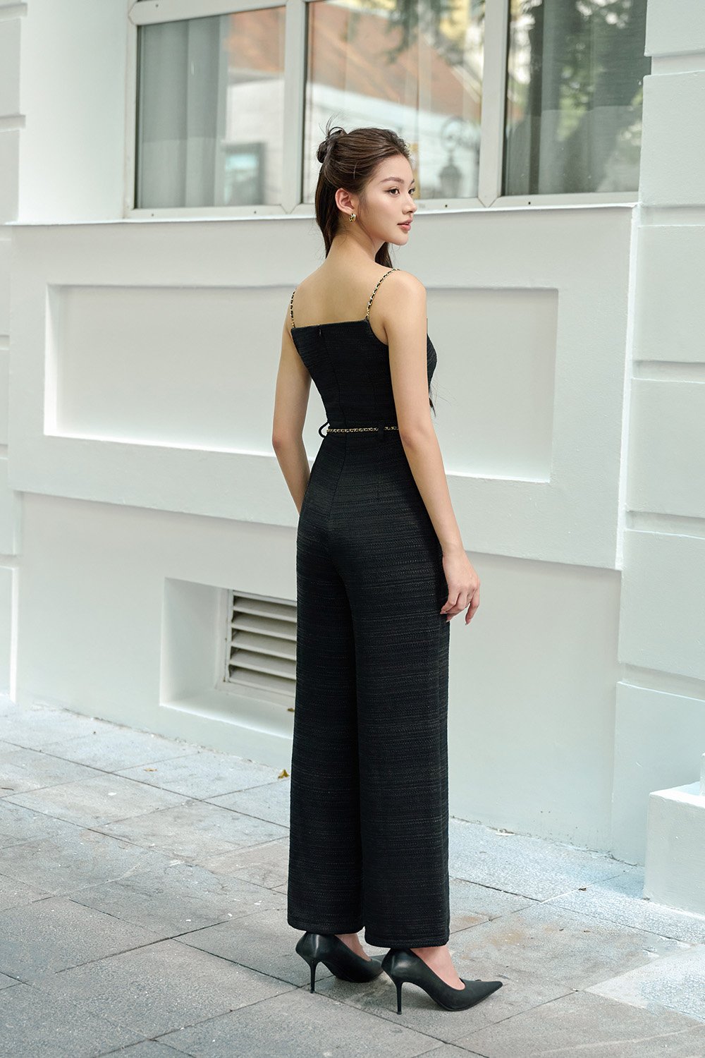 Elowyn Tweed Jumpsuit with Chain Belt in Classic Black Tweed