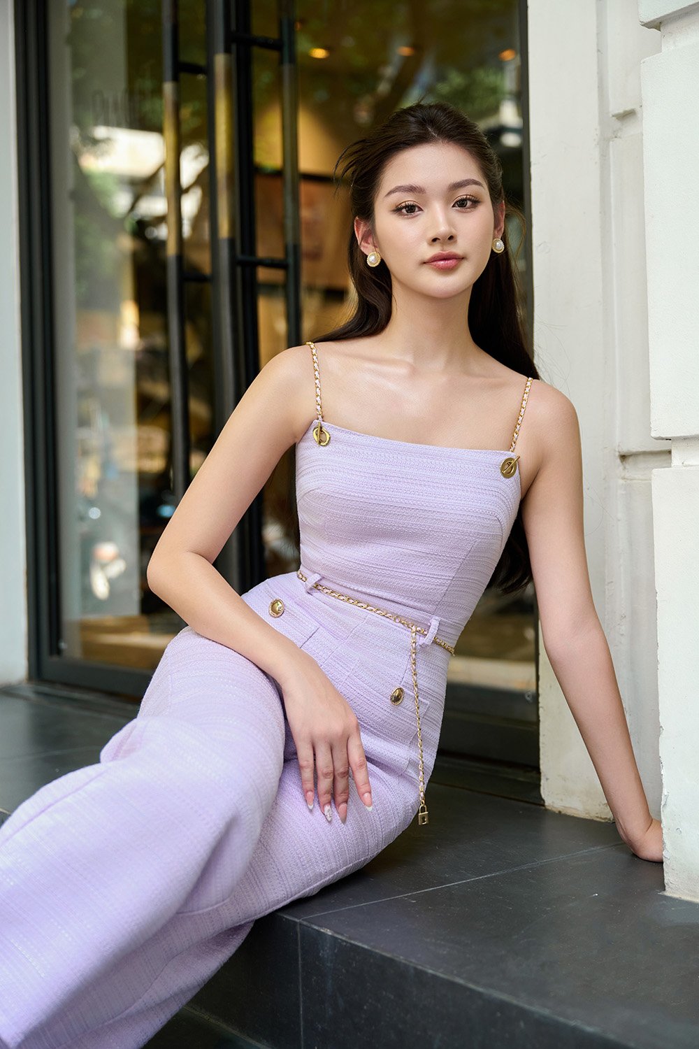 Elowyn Tweed Jumpsuit with Chain Belt in Lavender Tweed