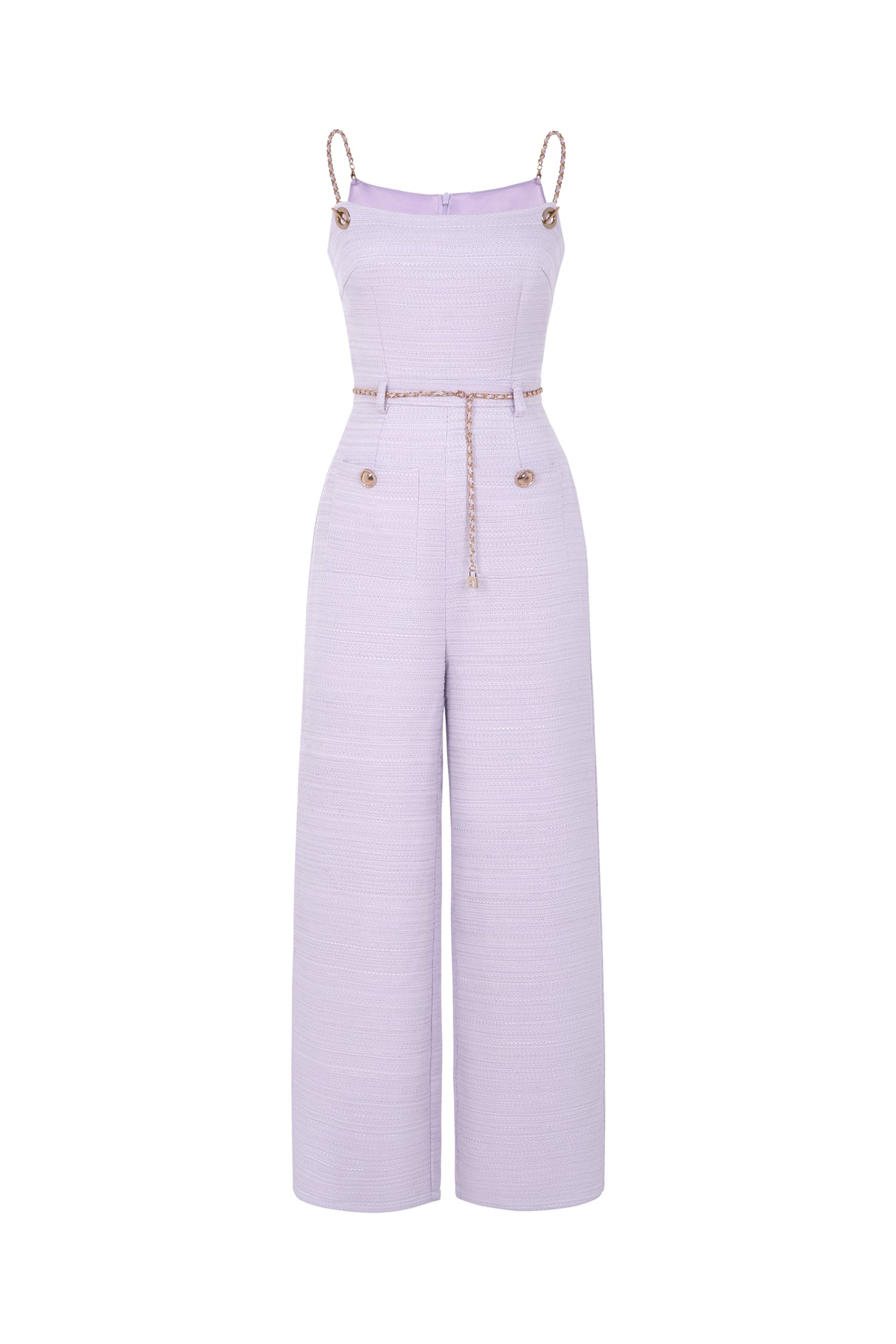 Elowyn Tweed Jumpsuit with Chain Belt in Lavender Tweed