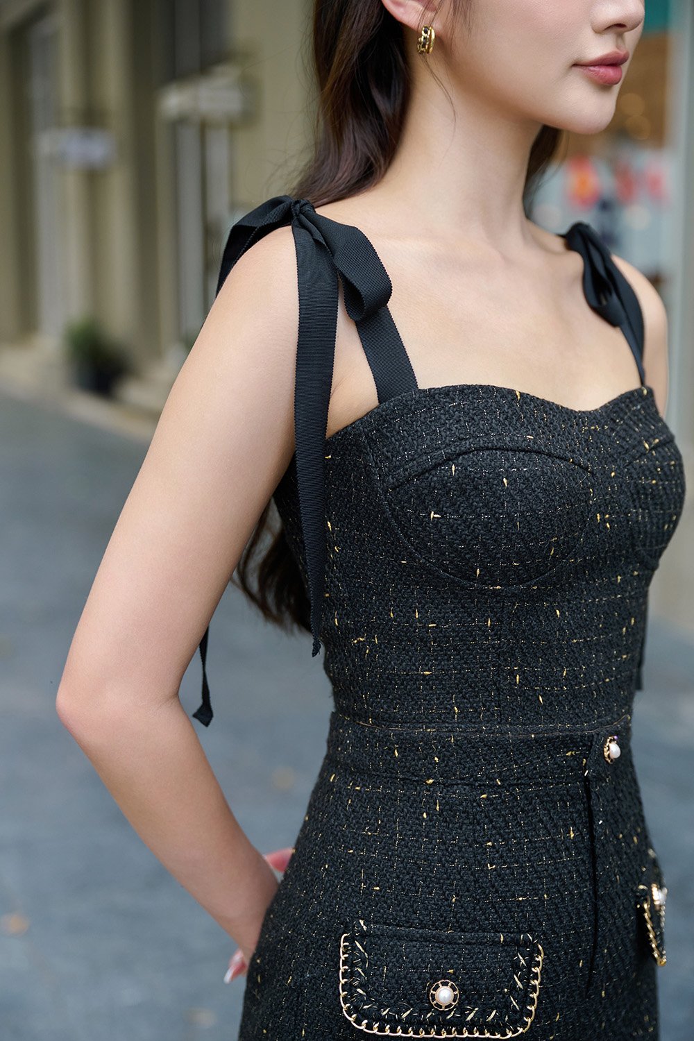 Estelle Tweed Bustier Top with Ribbon Straps in Black Gold