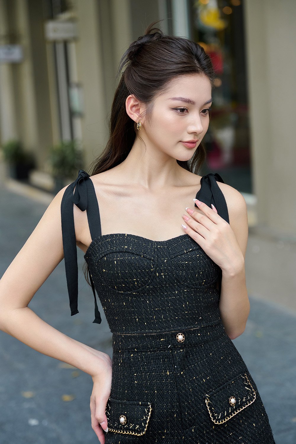 Estelle Tweed Bustier Top with Ribbon Straps in Black Gold