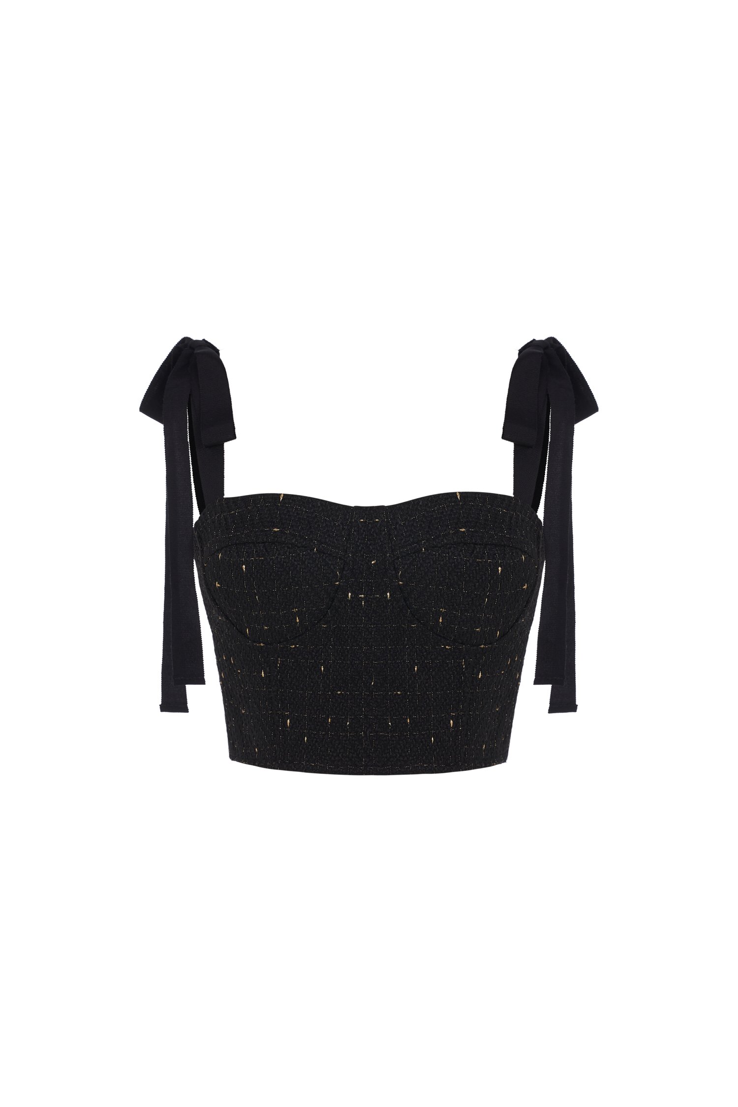 Estelle Tweed Bustier Top with Ribbon Straps in Black Gold