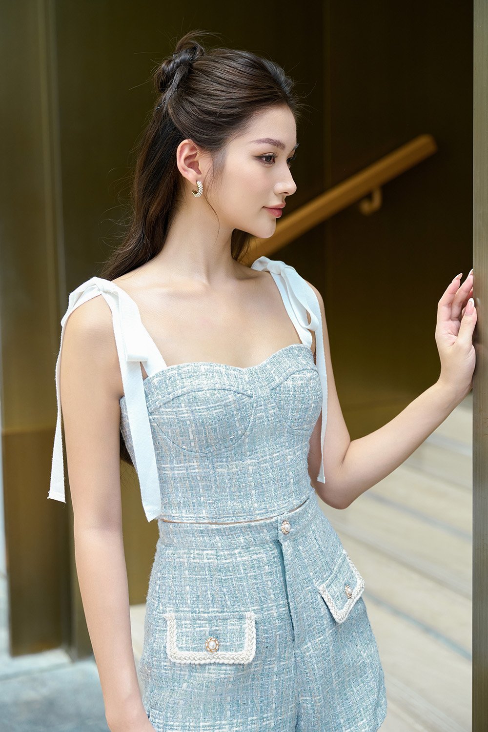 Estelle Tweed Bustier Top with Ribbon Straps in Sky Blue