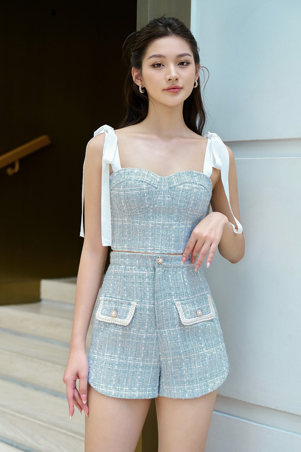 Estelle Tweed Bustier Top with Ribbon Straps in Sky Blue