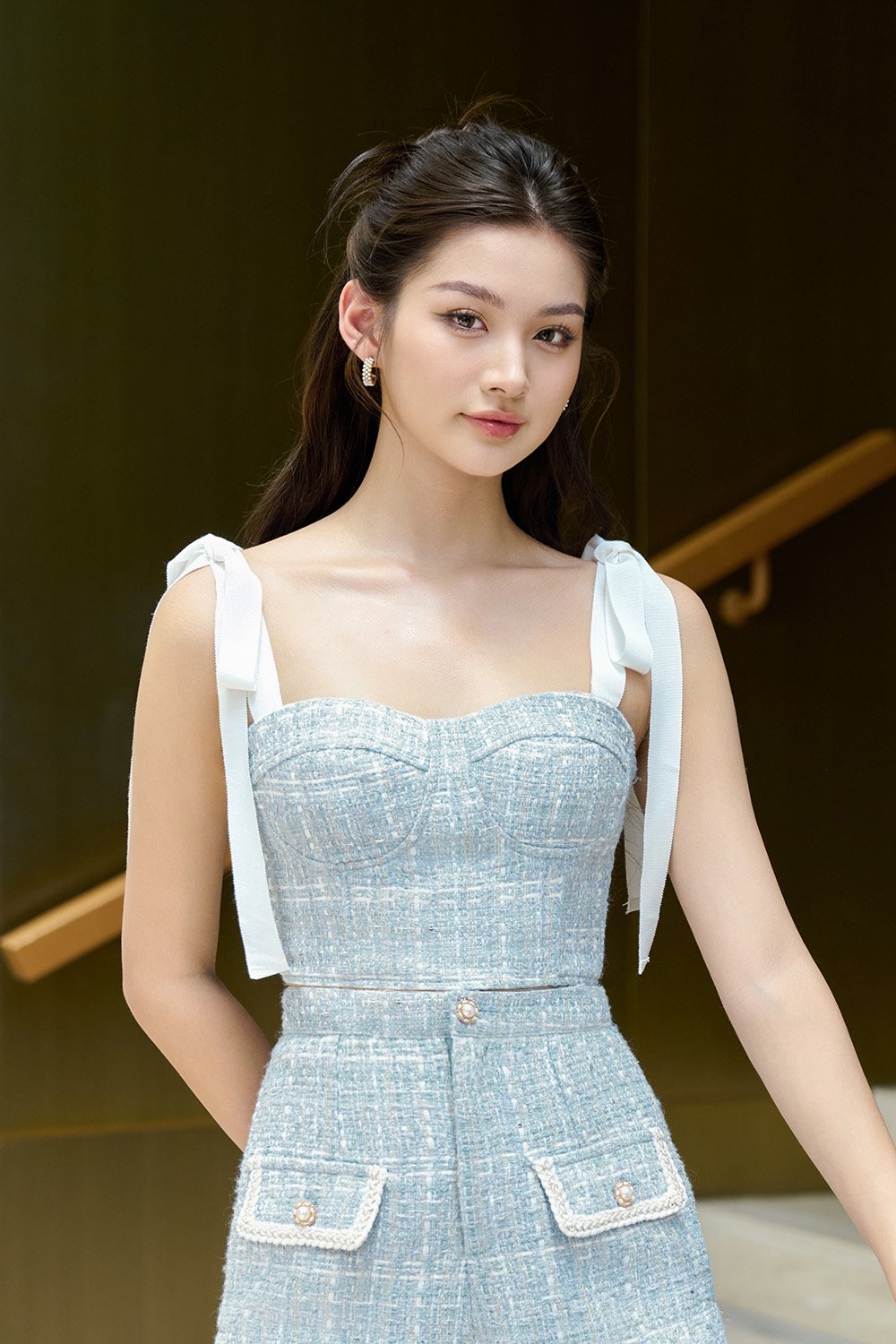 Estelle Tweed Bustier Top with Ribbon Straps in Sky Blue