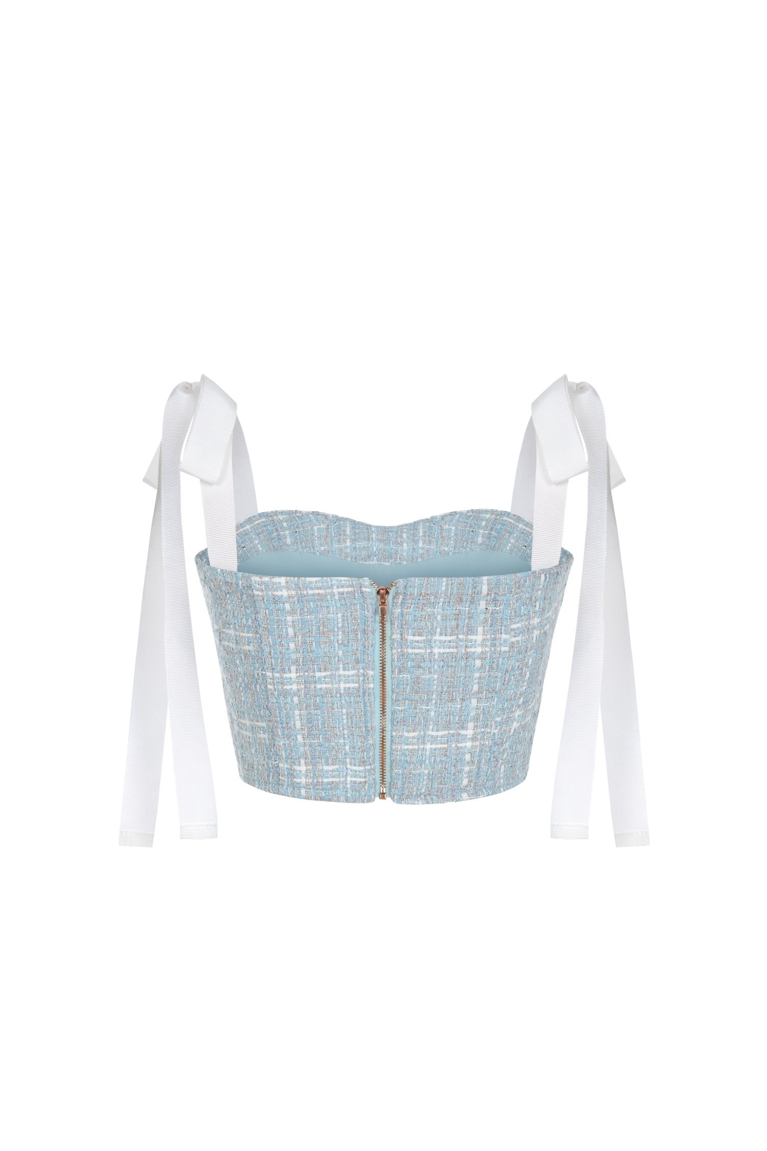 Estelle Tweed Bustier Top with Ribbon Straps in Sky Blue