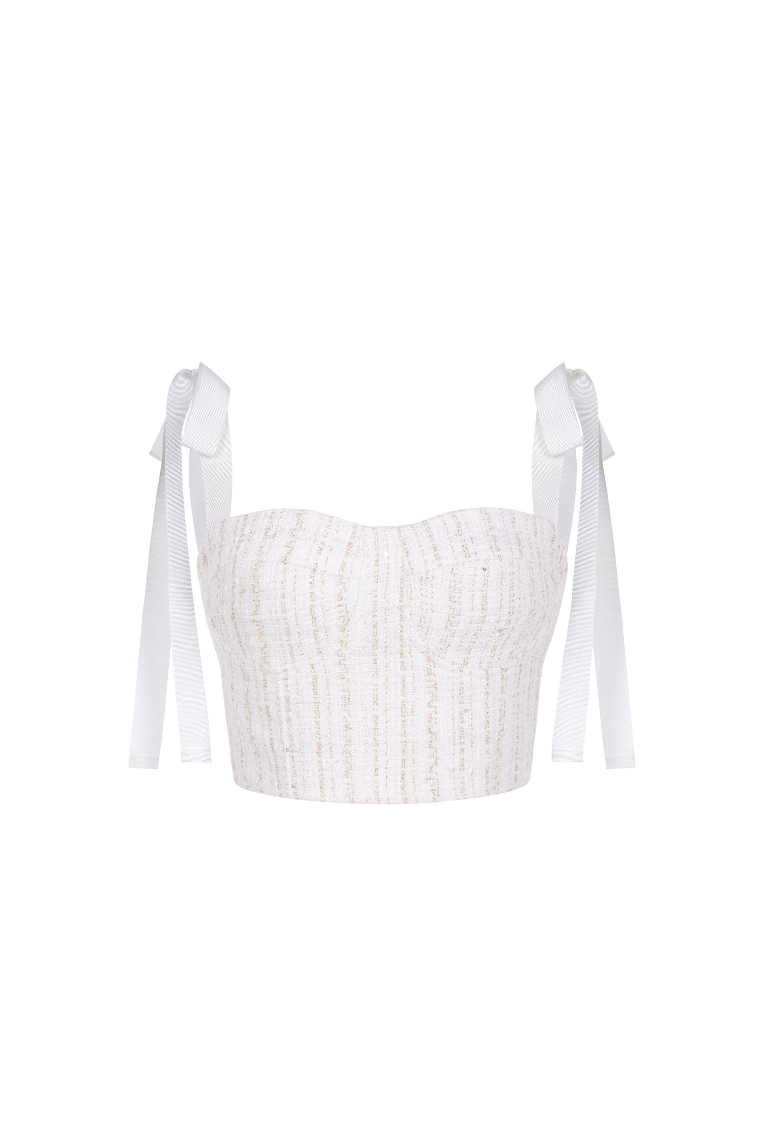 Estelle Tweed Bustier Top with Ribbon Straps in White Gold