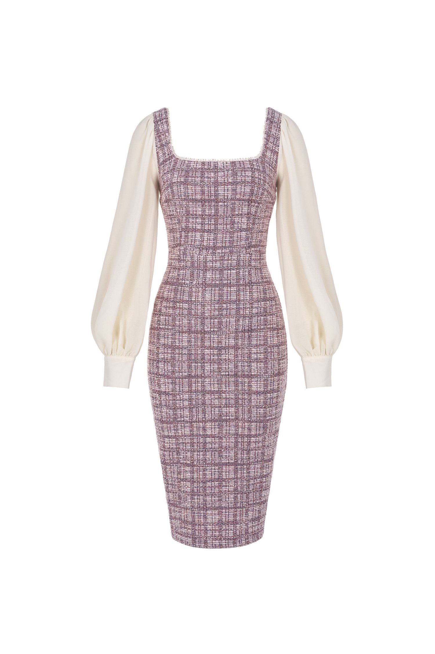 Dawn Chiffon Sleeves Tweed Pencil Dress in Multi Color Berry with Cream