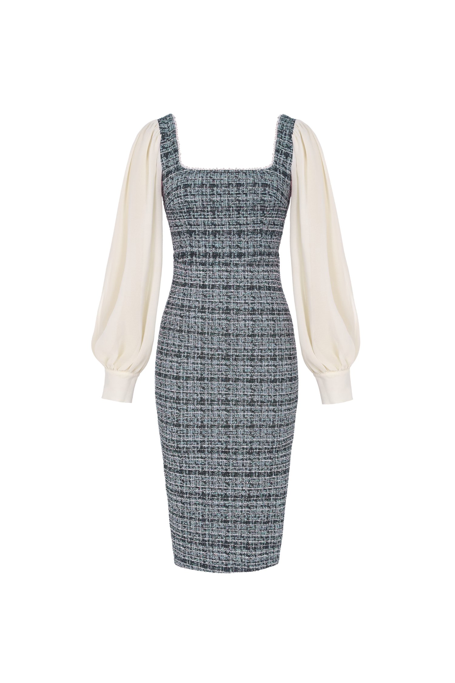 Dawn Chiffon Sleeves Tweed Pencil Dress in Navy with Cream