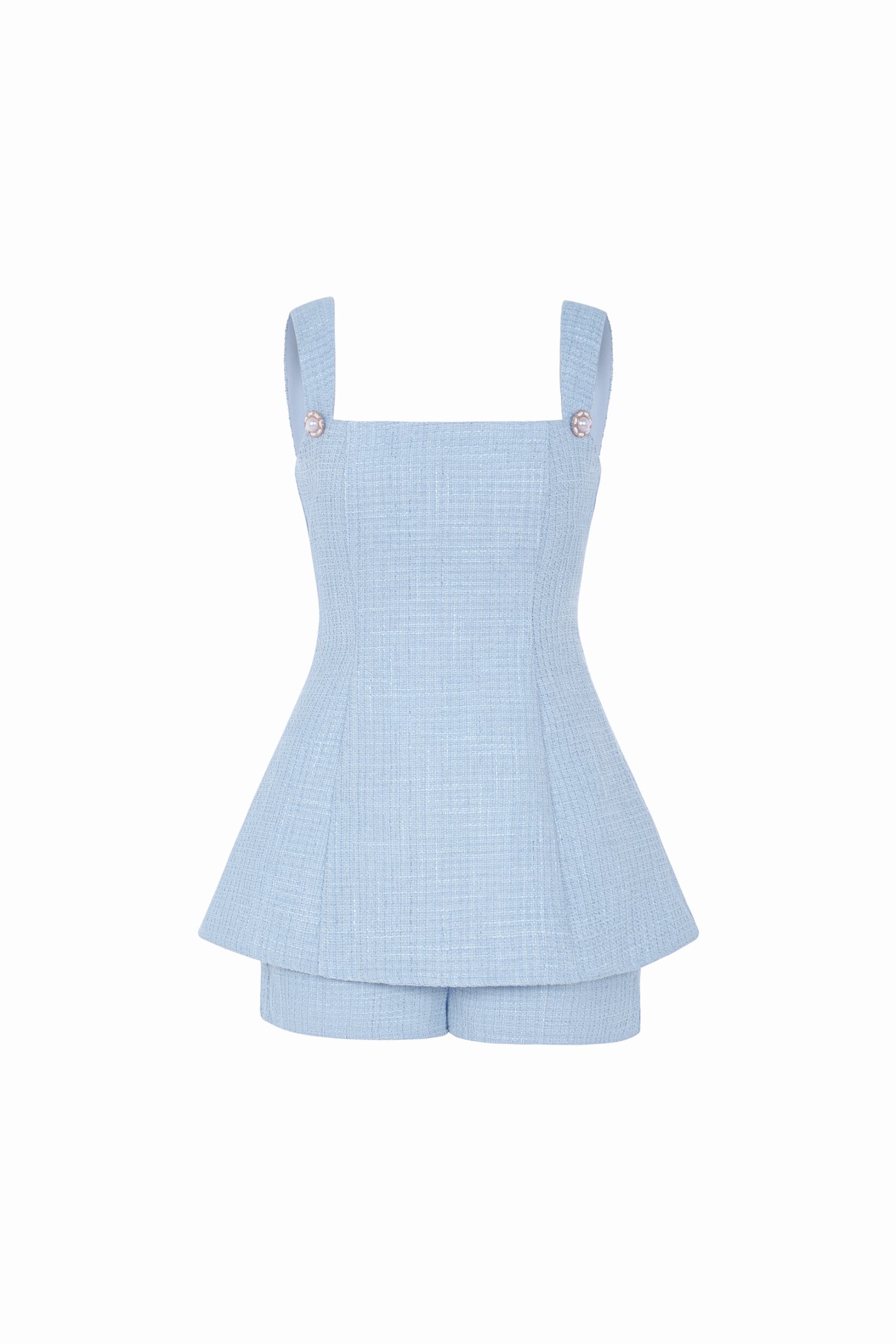 Olivia Peplum Tweed Romper in Celestite Blue
