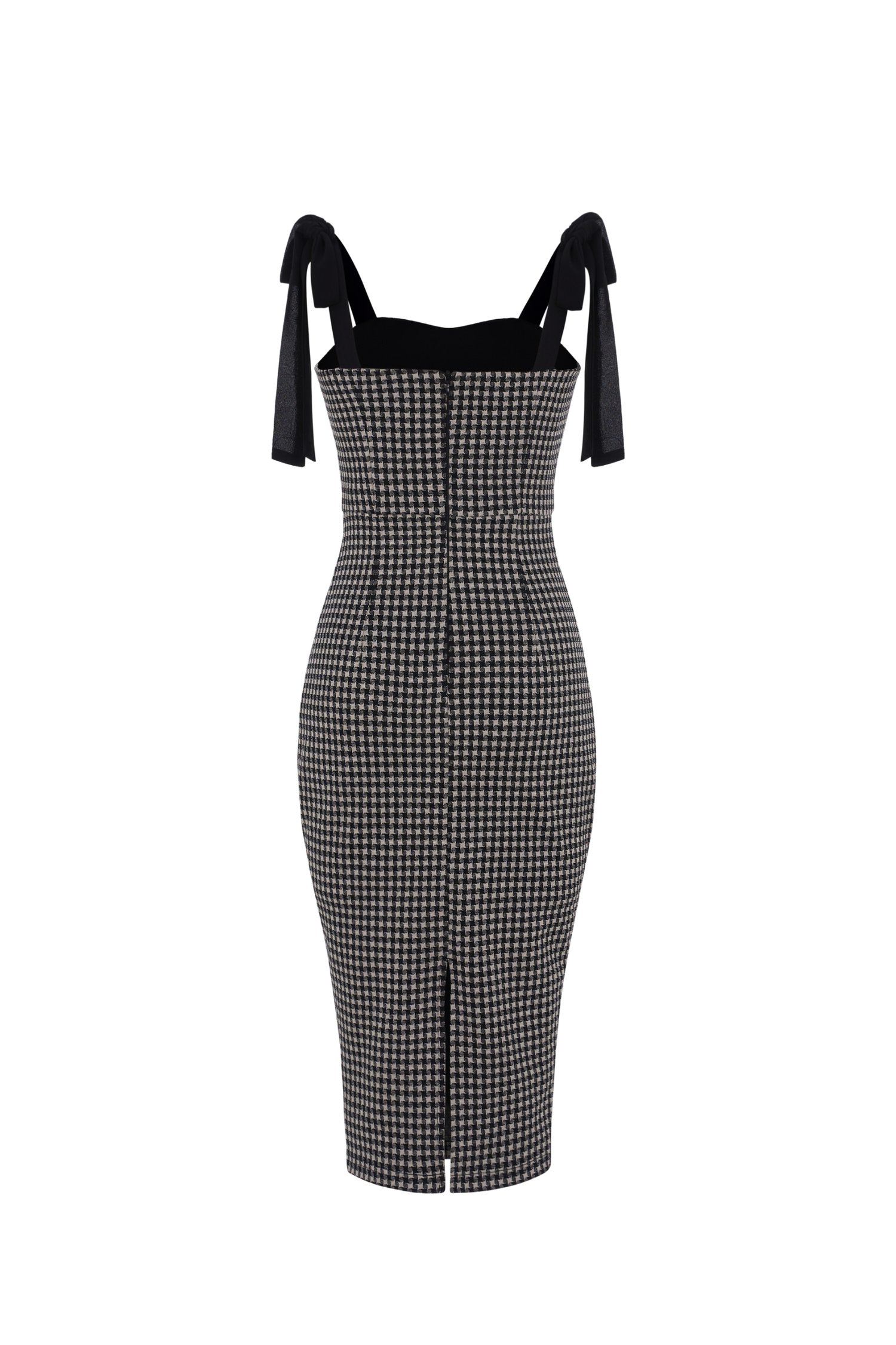 Abilene Houndstooth Pencil Dress with Ribbon Straps in Black Houndstooth