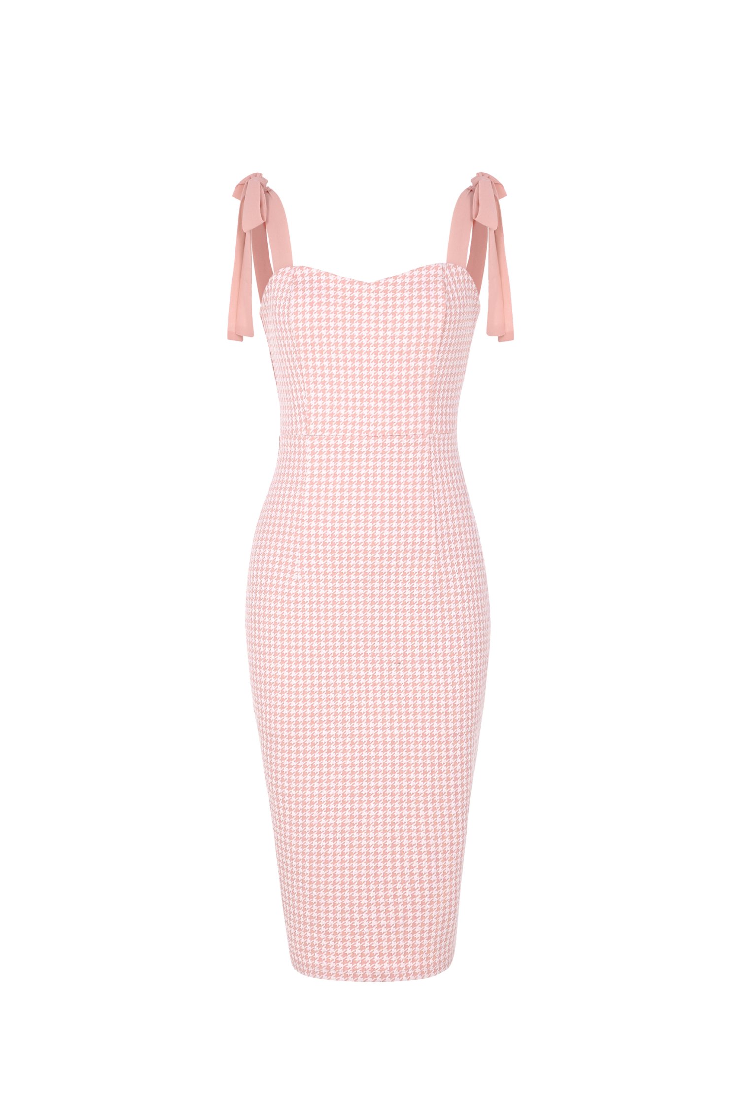 Abilene Houndstooth Pencil Dress with Ribbon Straps in Rose Pink Houndstooth