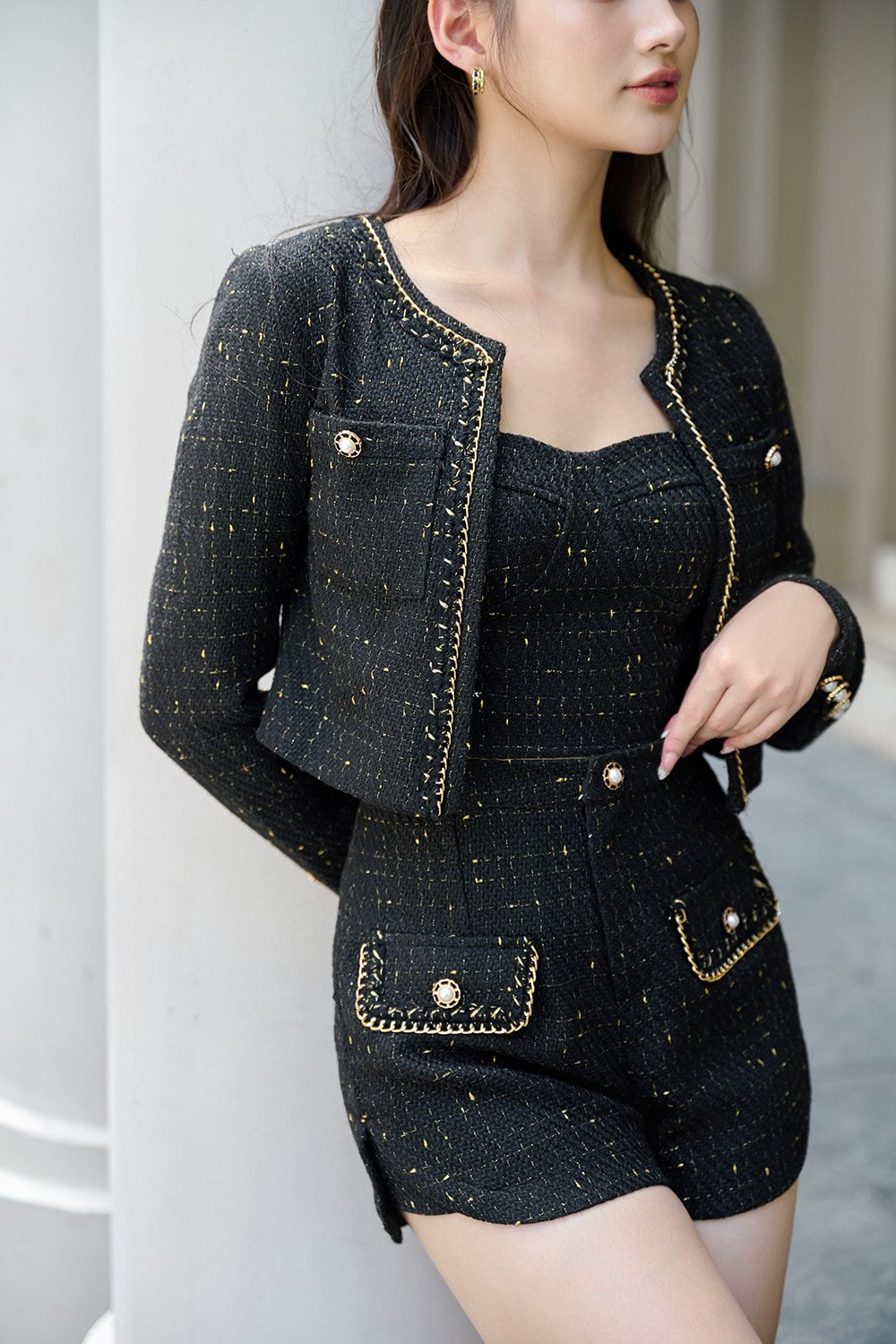 Leonara Tweed Cropped Jacket in Black Gold