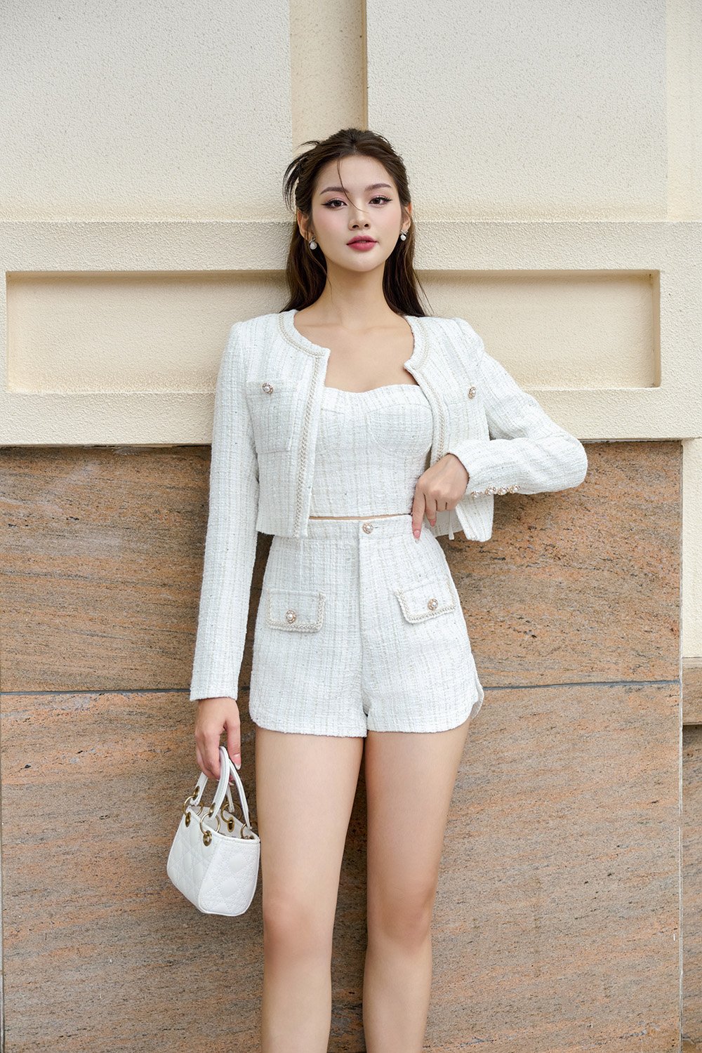 Delphine Tweed Shorts in White Gold