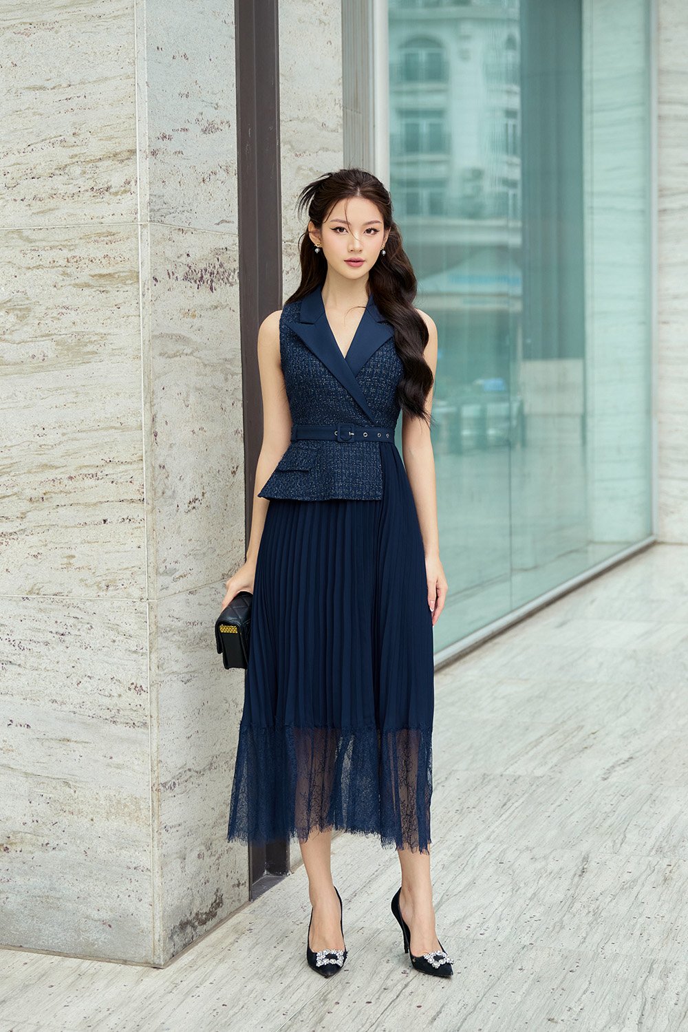 Lexi Waistcoat & Lace Pleats Dress in Constellation Blue Tweed