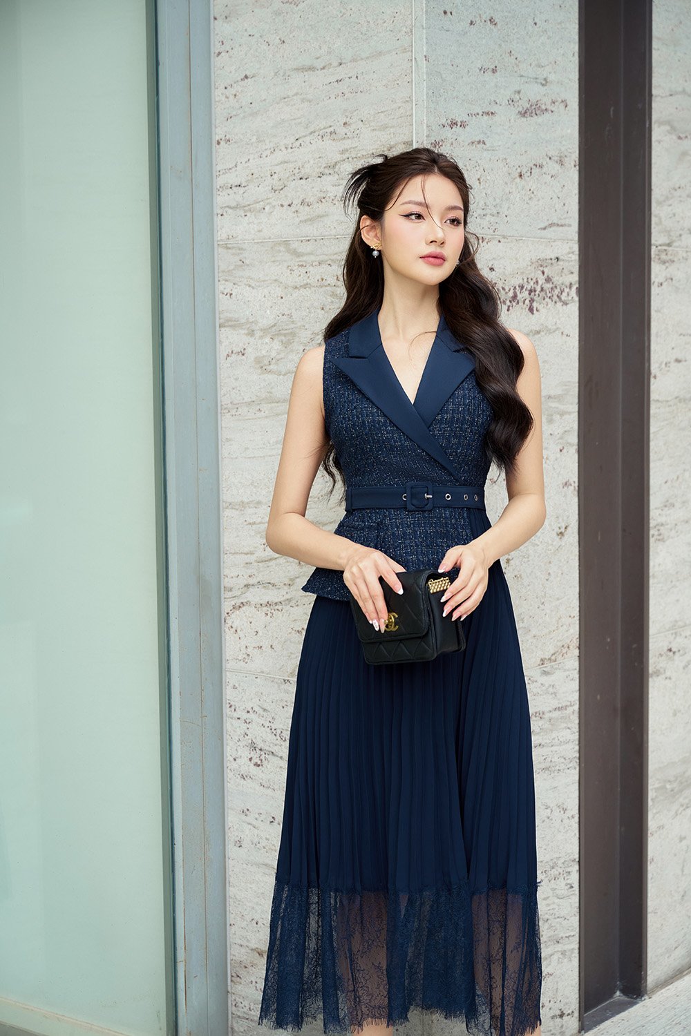 Lexi Waistcoat & Lace Pleats Dress in Constellation Blue Tweed