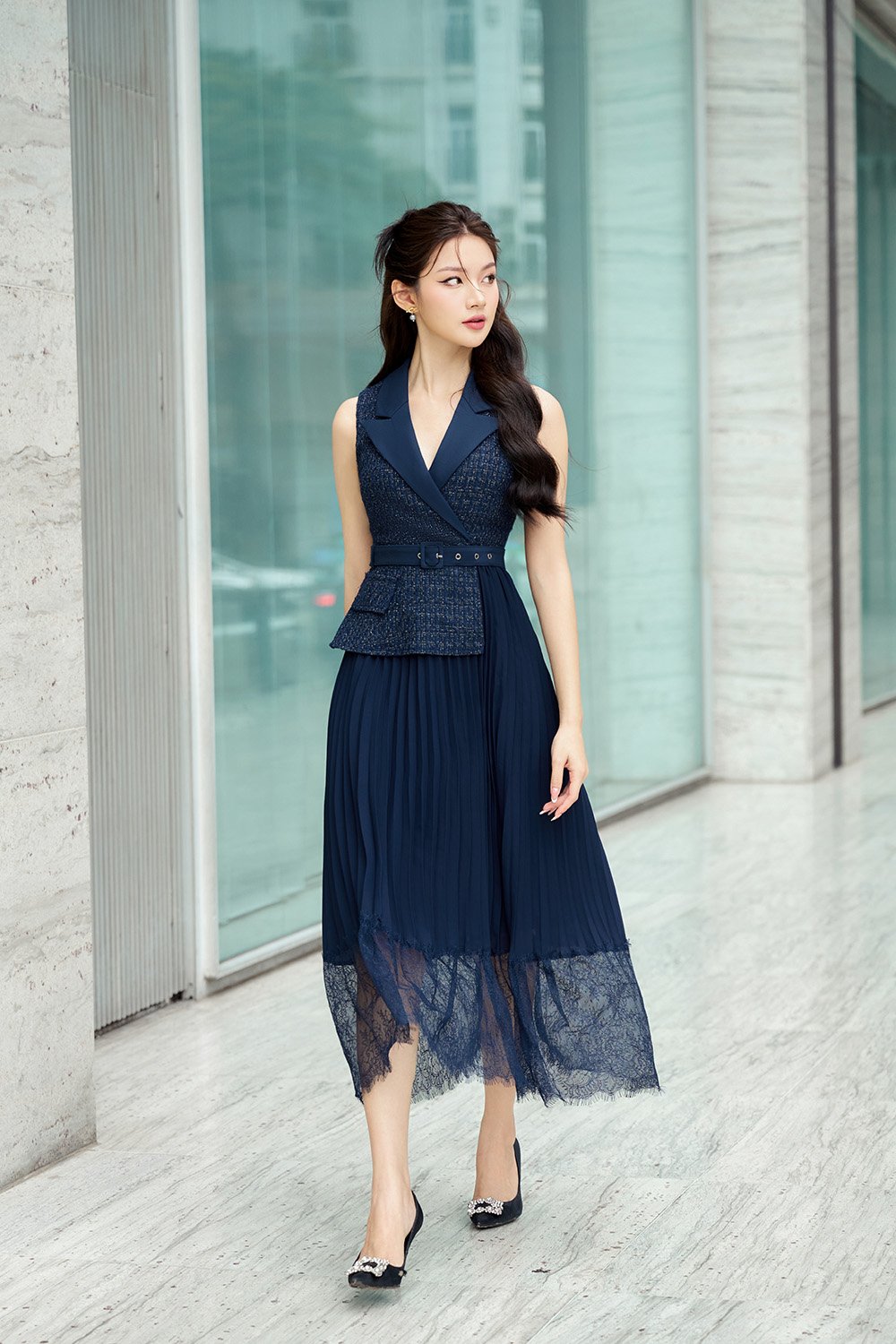 Lexi Waistcoat & Lace Pleats Dress in Constellation Blue Tweed