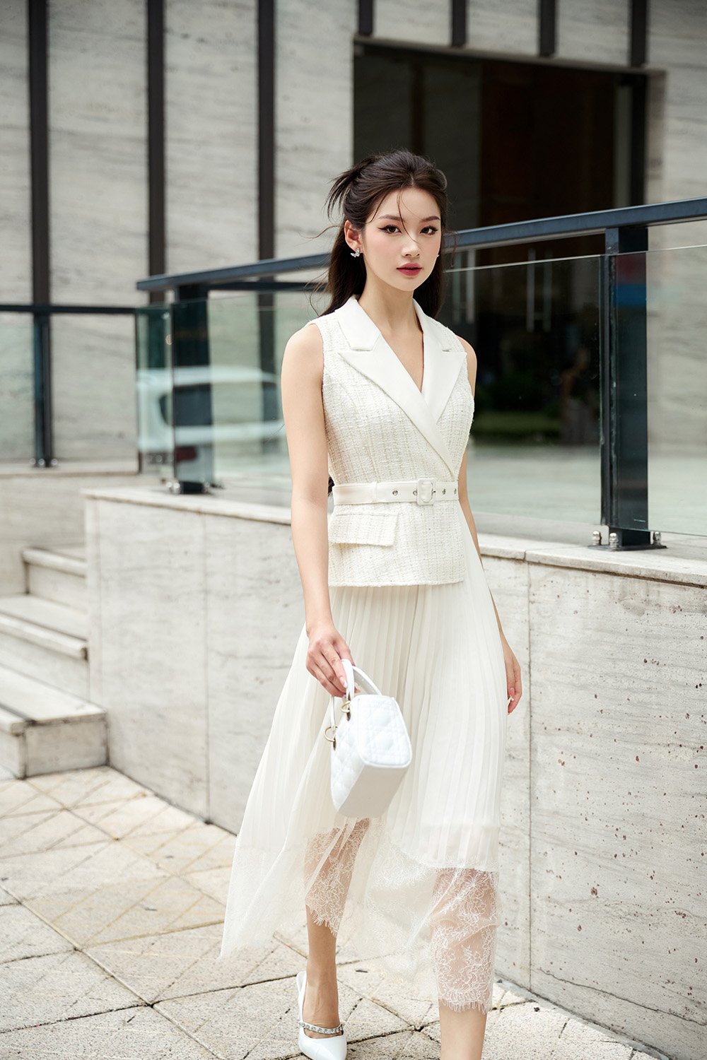 Lexi Waistcoat & Lace Pleats Dress in White Gold Tweed