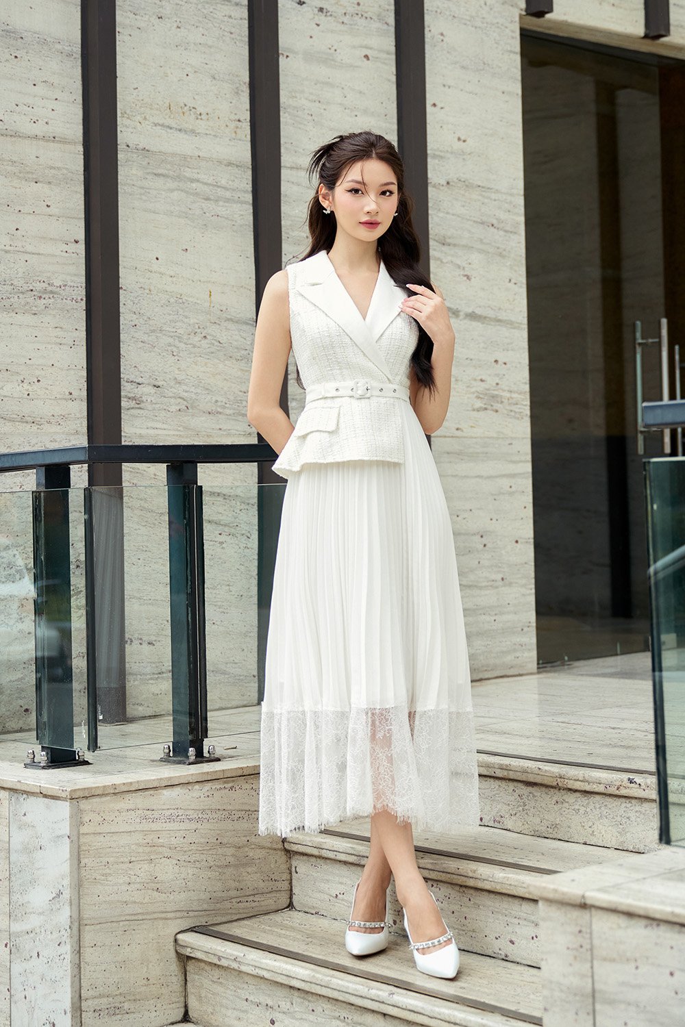 Lexi Waistcoat & Lace Pleats Dress in White Gold Tweed