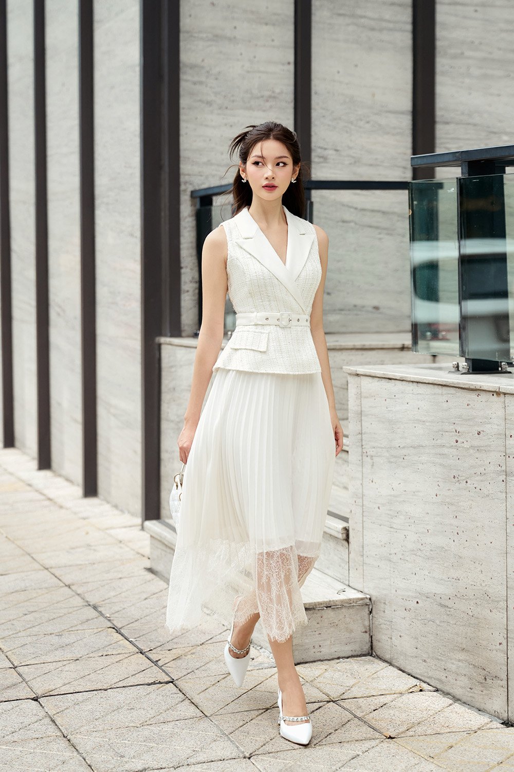 Lexi Waistcoat & Lace Pleats Dress in White Gold Tweed