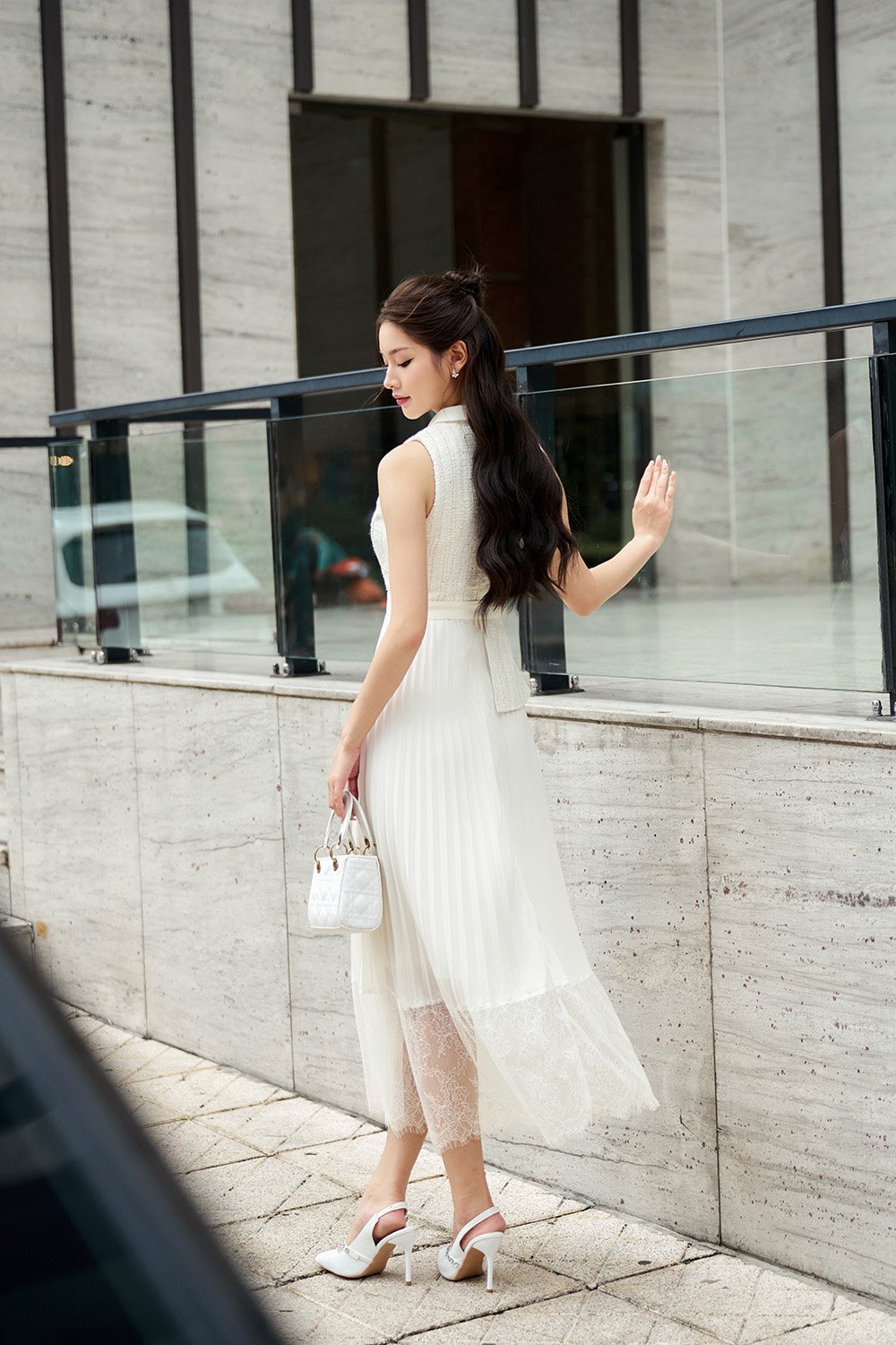 Lexi Waistcoat & Lace Pleats Dress in White Gold Tweed